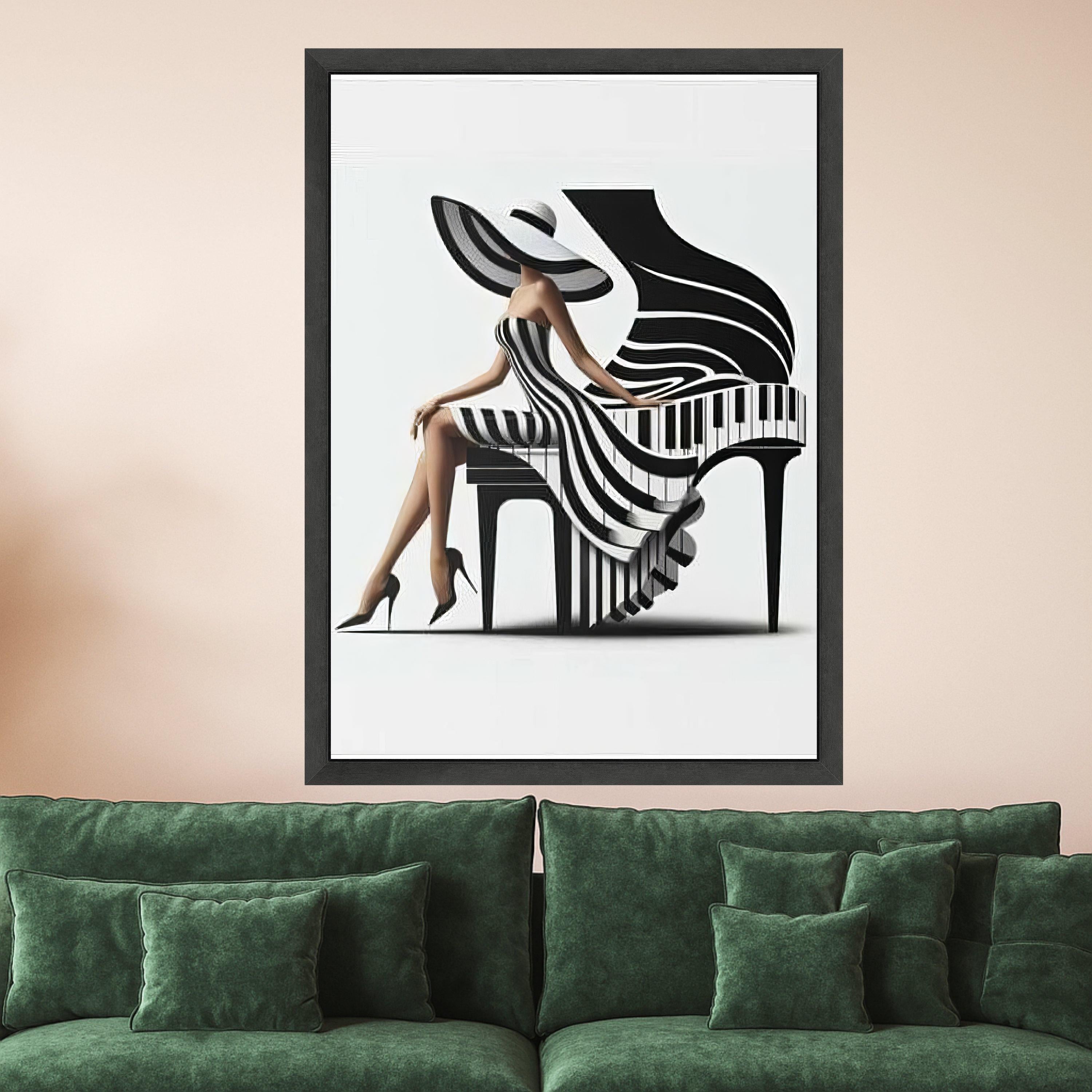 Elegant Woman in Striped Dress and Wide Hat, Piano Art Canvas, Black and White Wall Decor, Modern Fashion Canvas Wall Art, Ready To Hang,