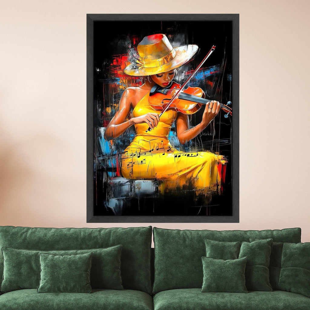 Elegant Violin Player, Yellow Dress Canvas, Musical Art Painting, Abstract Musician Wall Decor, Contemporary Canvas Wall Art Ready To Hang,