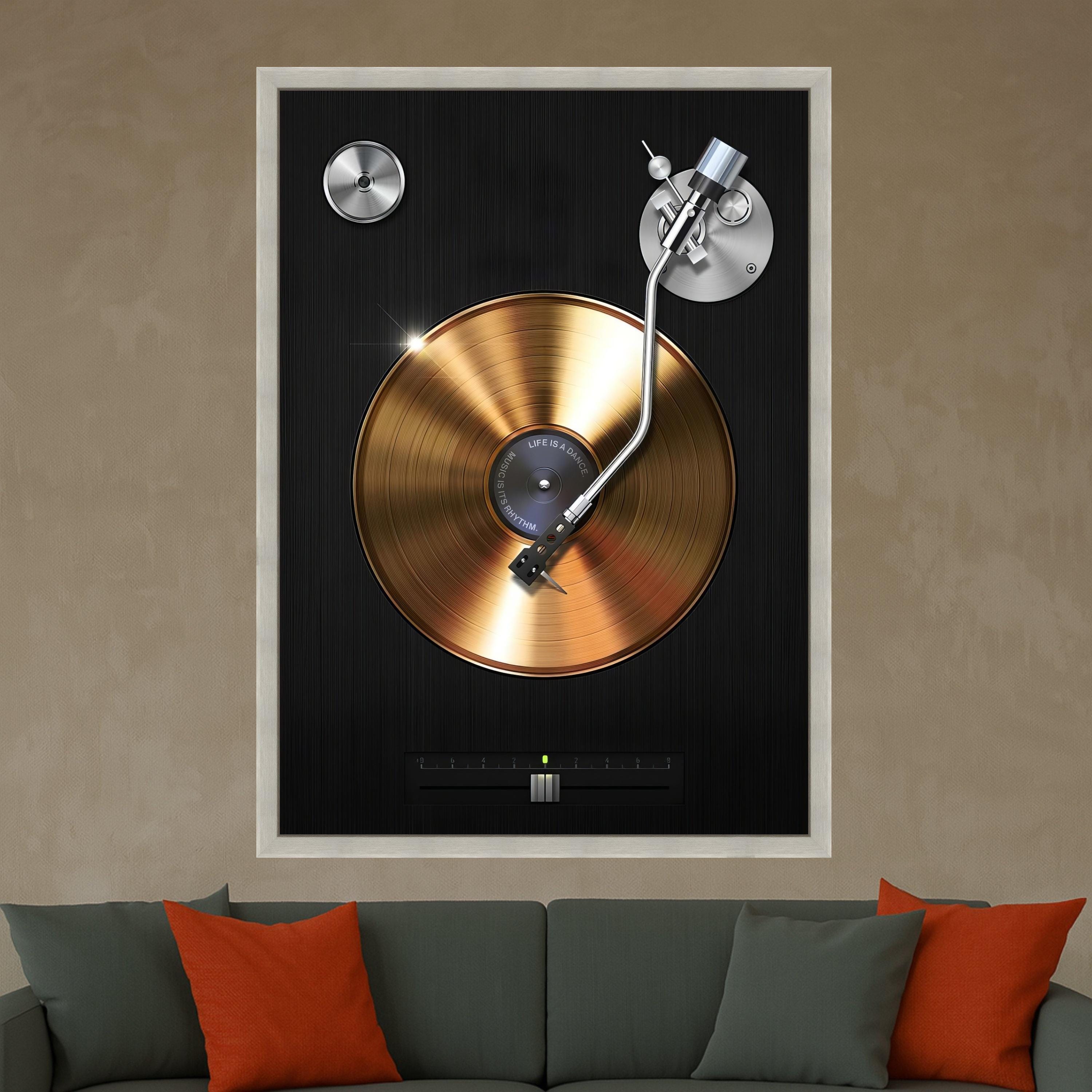 Golden Vinyl Record Player Canvas Wall Art, Retro Music Decor, DJ Turntable Illustration, Modern Home Wall Decoration, Music Ready To Hang,