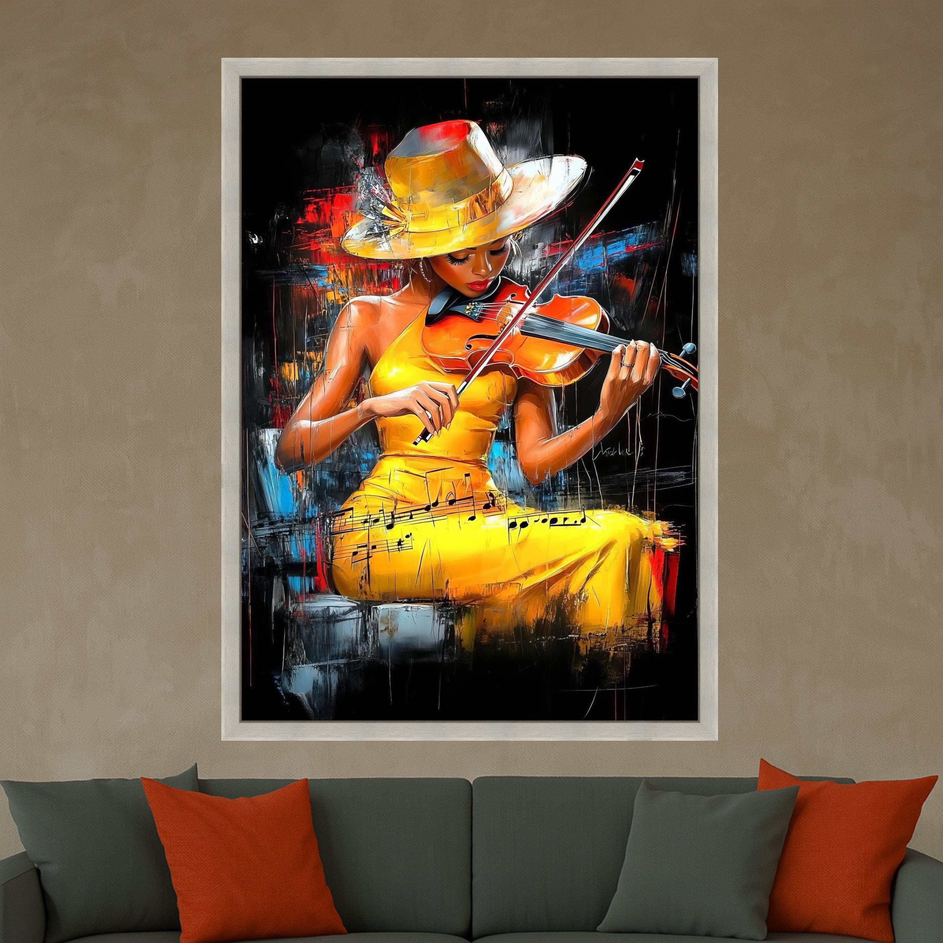 Elegant Violin Player, Yellow Dress Canvas, Musical Art Painting, Abstract Musician Wall Decor, Contemporary Canvas Wall Art Ready To Hang,