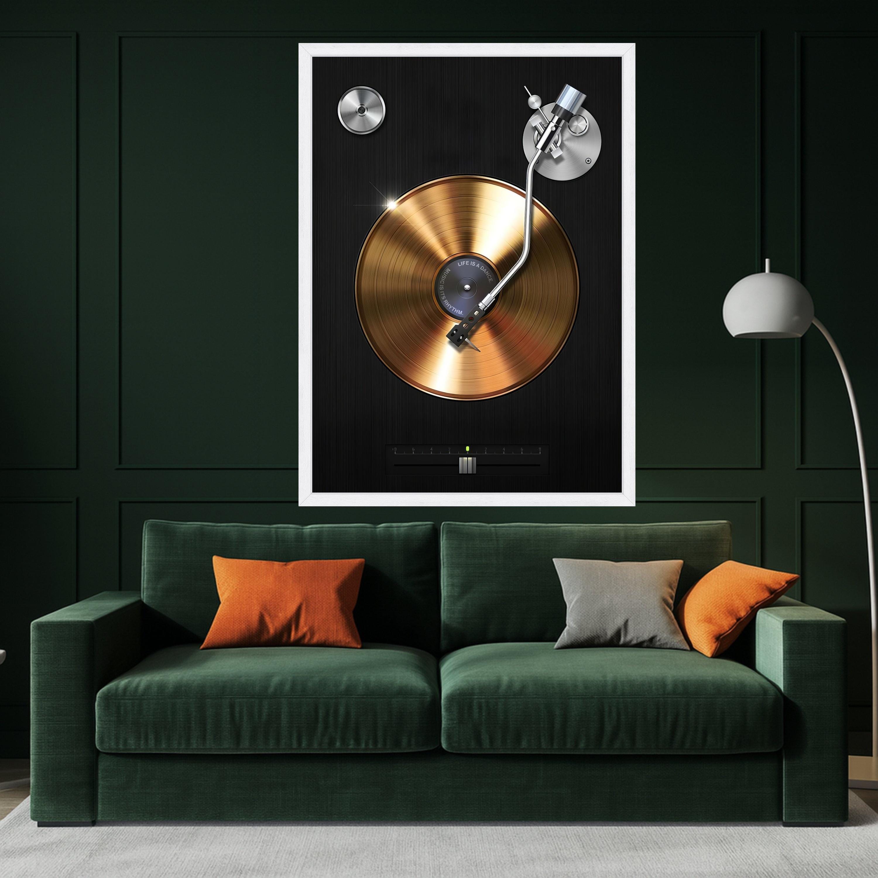 Golden Vinyl Record Player Canvas Wall Art, Retro Music Decor, DJ Turntable Illustration, Modern Home Wall Decoration, Music Ready To Hang,