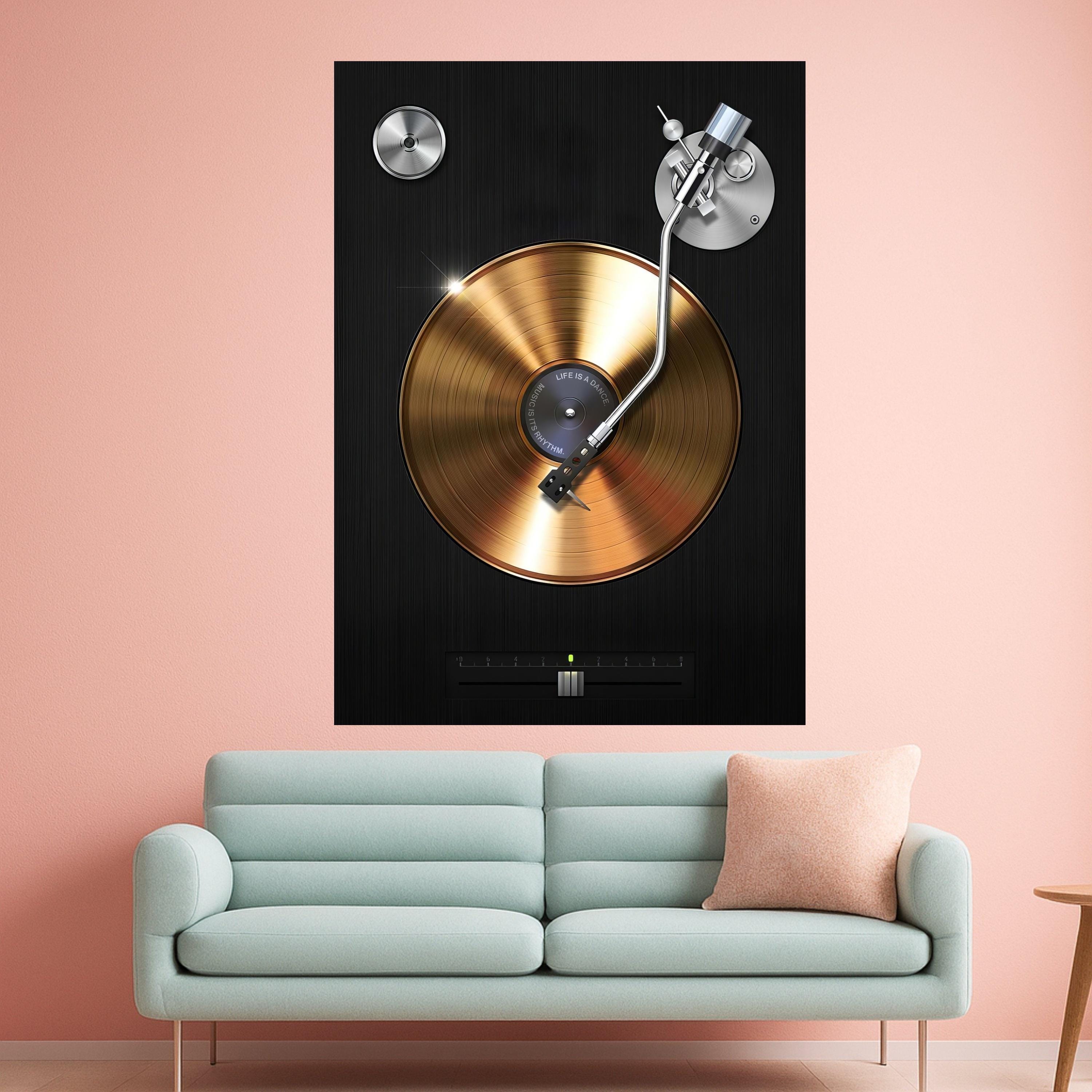 Golden Vinyl Record Player Canvas Wall Art, Retro Music Decor, DJ Turntable Illustration, Modern Home Wall Decoration, Music Ready To Hang,