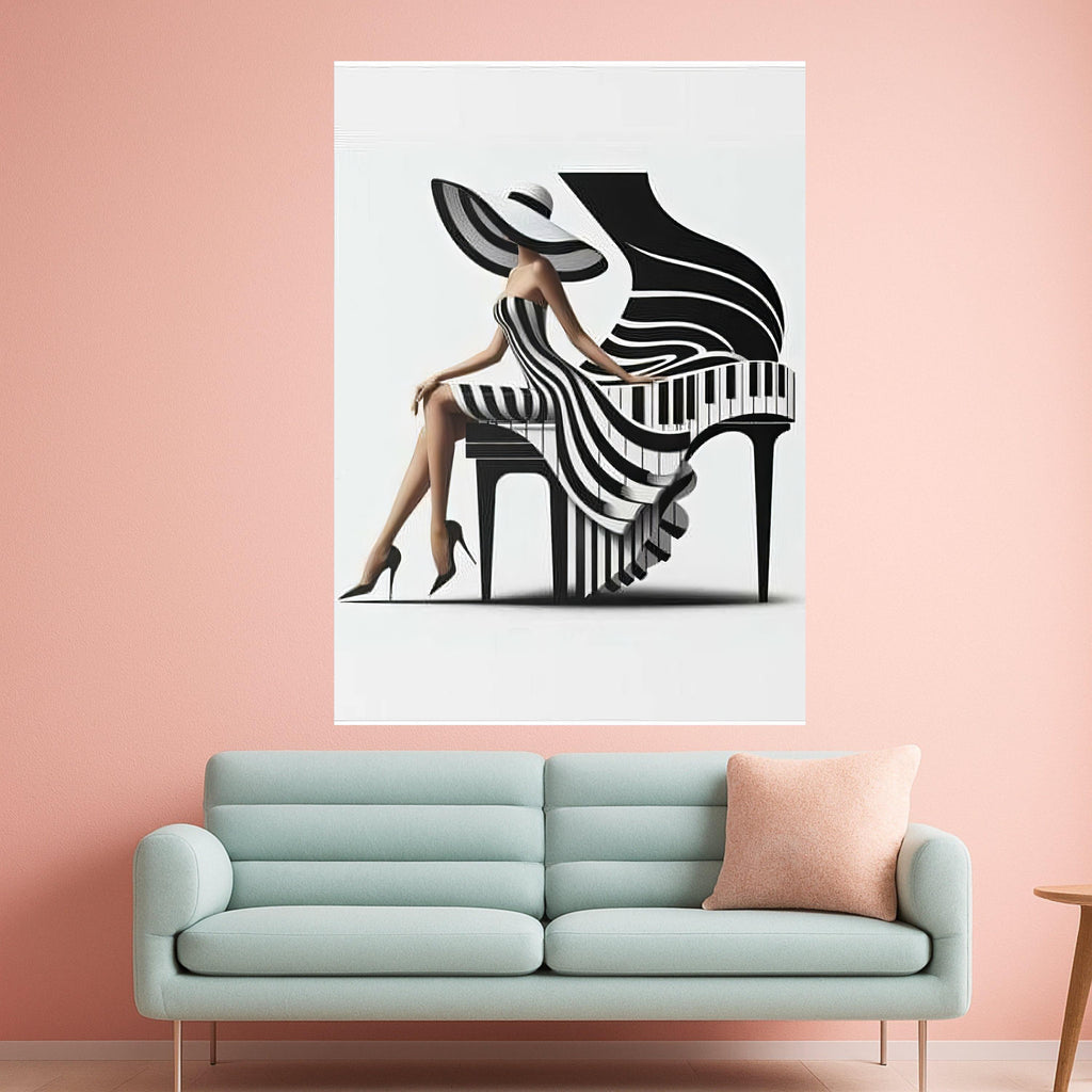 Elegant Woman in Striped Dress and Wide Hat, Piano Art Canvas, Black and White Wall Decor, Modern Fashion Canvas Wall Art, Ready To Hang,
