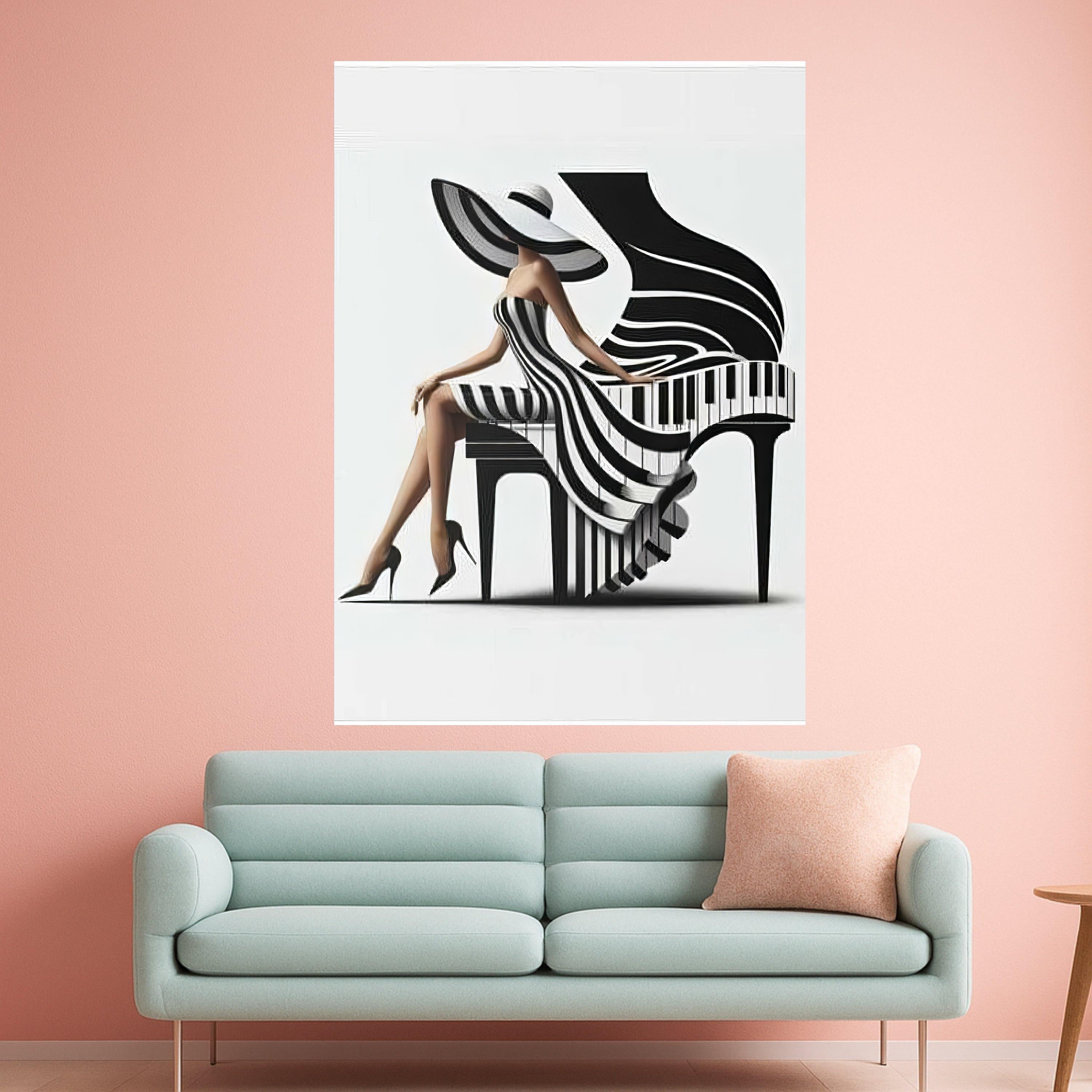 Elegant Woman in Striped Dress and Wide Hat, Piano Art Canvas, Black and White Wall Decor, Modern Fashion Canvas Wall Art, Ready To Hang,