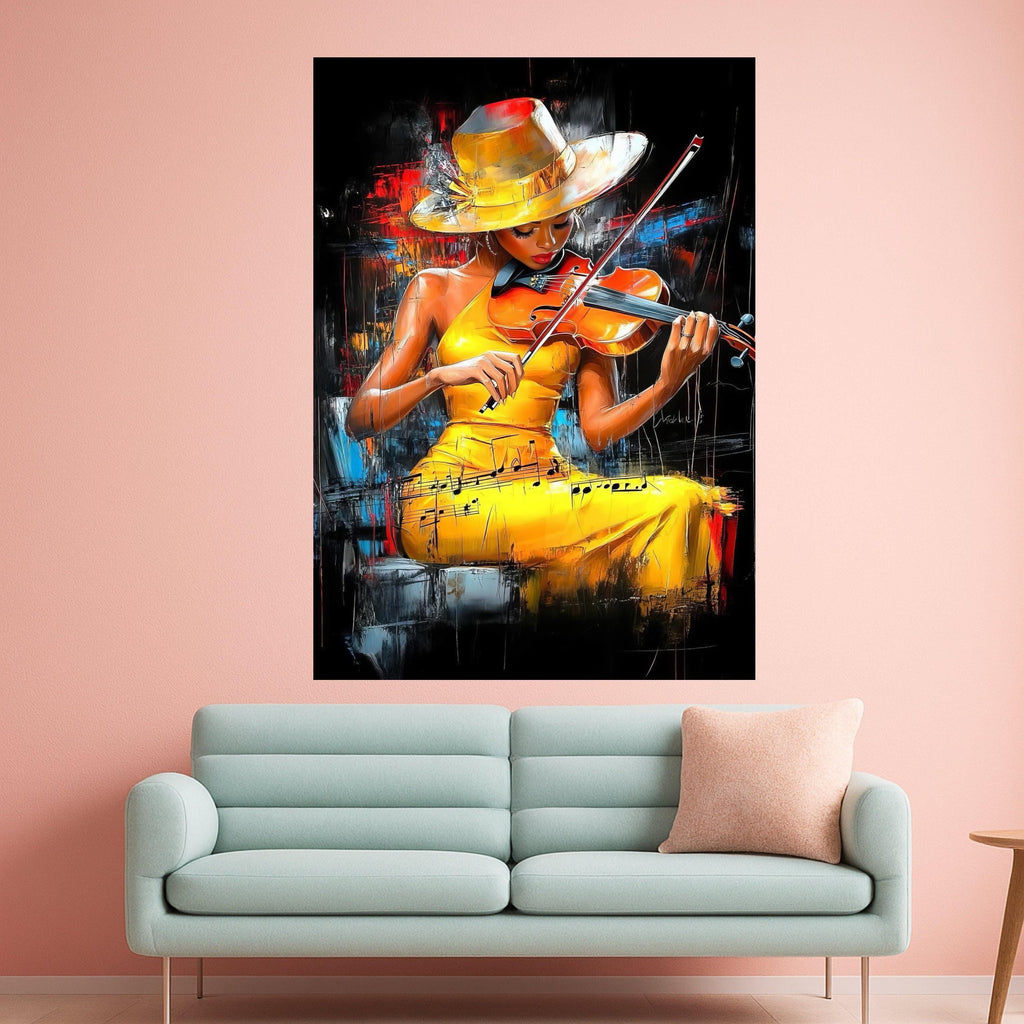 Elegant Violin Player, Yellow Dress Canvas, Musical Art Painting, Abstract Musician Wall Decor, Contemporary Canvas Wall Art Ready To Hang,