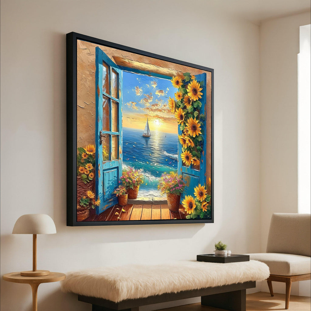 Ocean Sunset View, Blue Window Canvas, Sunflower Wall Art, Sea Landscape Canvas, Floral Home Decor, Coastal Canvas Painting Ready To Hang,