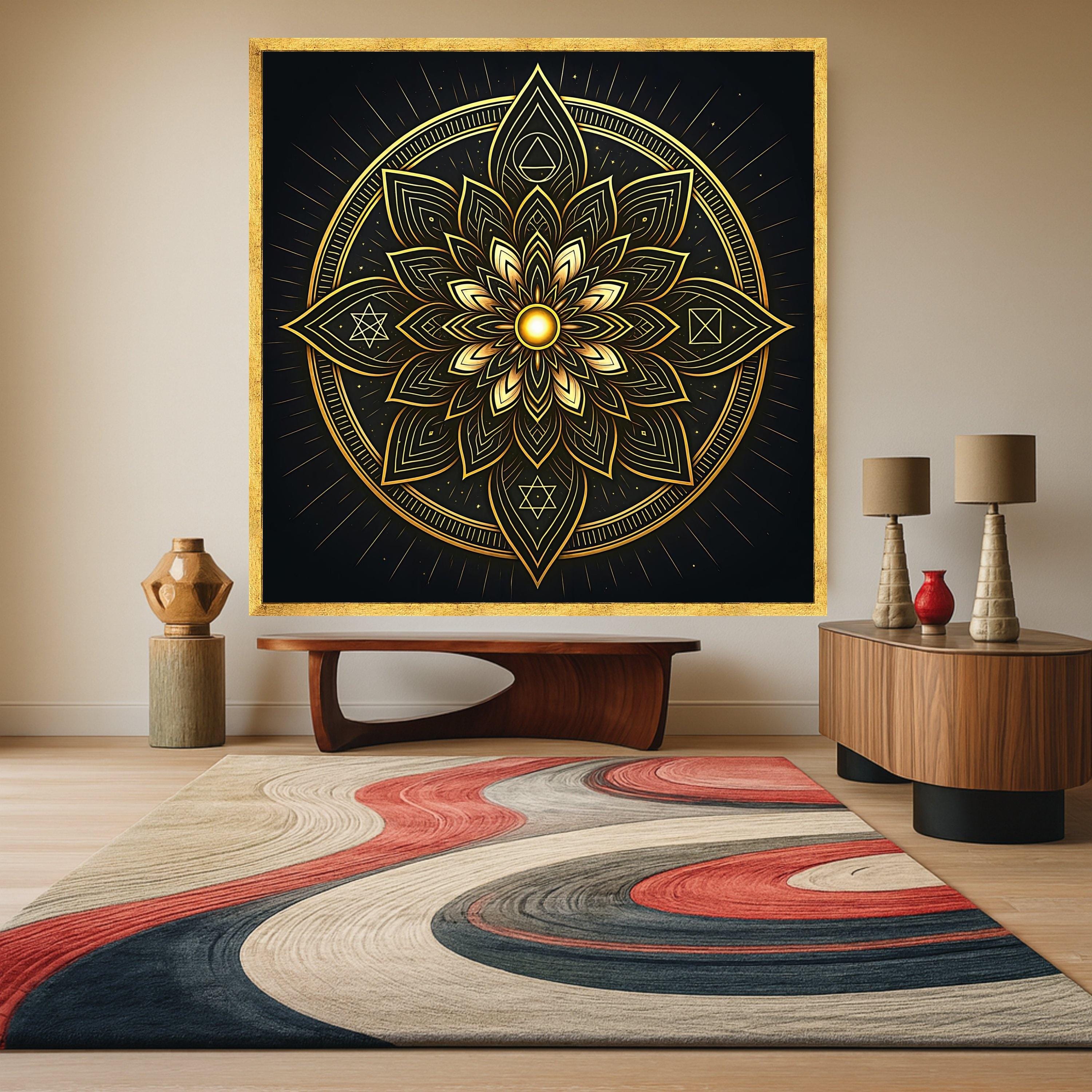Golden Mandala Canvas Wall Art, Spiritual Sacred Geometry Design, Luxe Metallic Home Décor, Meditation Room Decoration, Ready To Hang,
