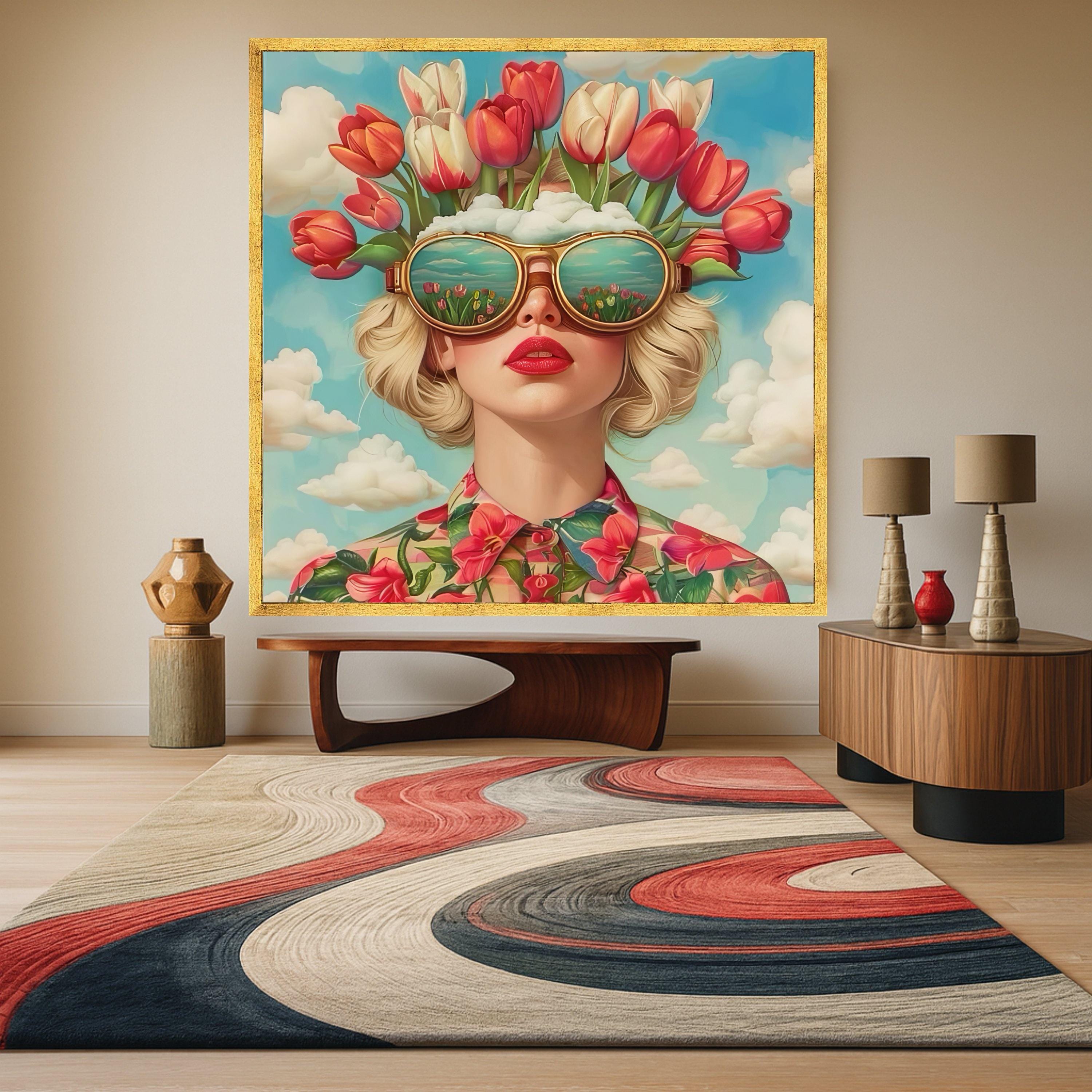 Modern Floral Portrait Canvas, Woman with Tulip Hat Wall Art, Surreal Garden Reflection Sunglasses, Vibrant Spring Flower Ready To Hang,