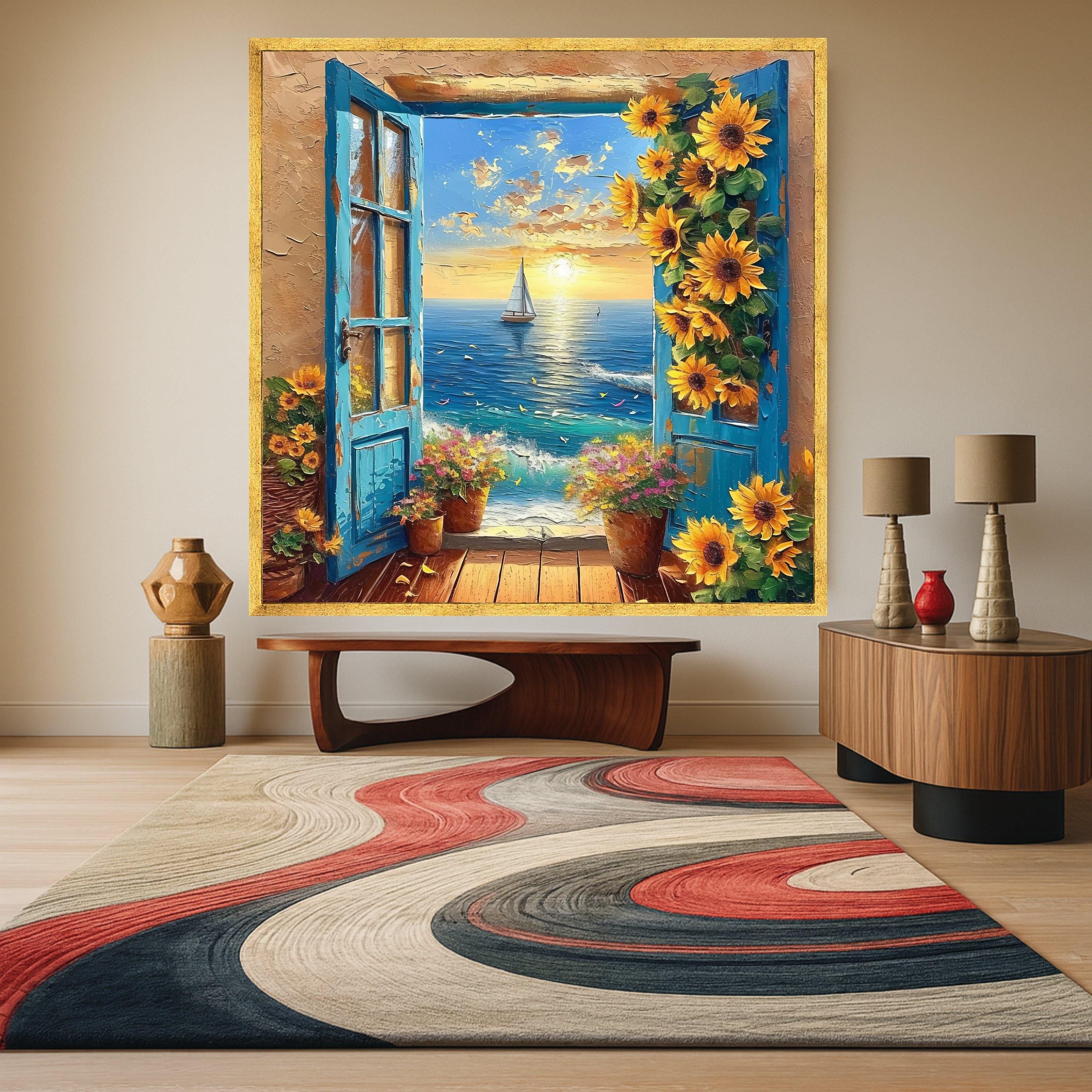Ocean Sunset View, Blue Window Canvas, Sunflower Wall Art, Sea Landscape Canvas, Floral Home Decor, Coastal Canvas Painting Ready To Hang,