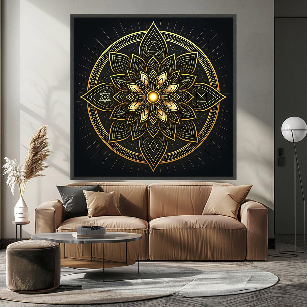 Golden Mandala Canvas Wall Art, Spiritual Sacred Geometry Design, Luxe Metallic Home Décor, Meditation Room Decoration, Ready To Hang,