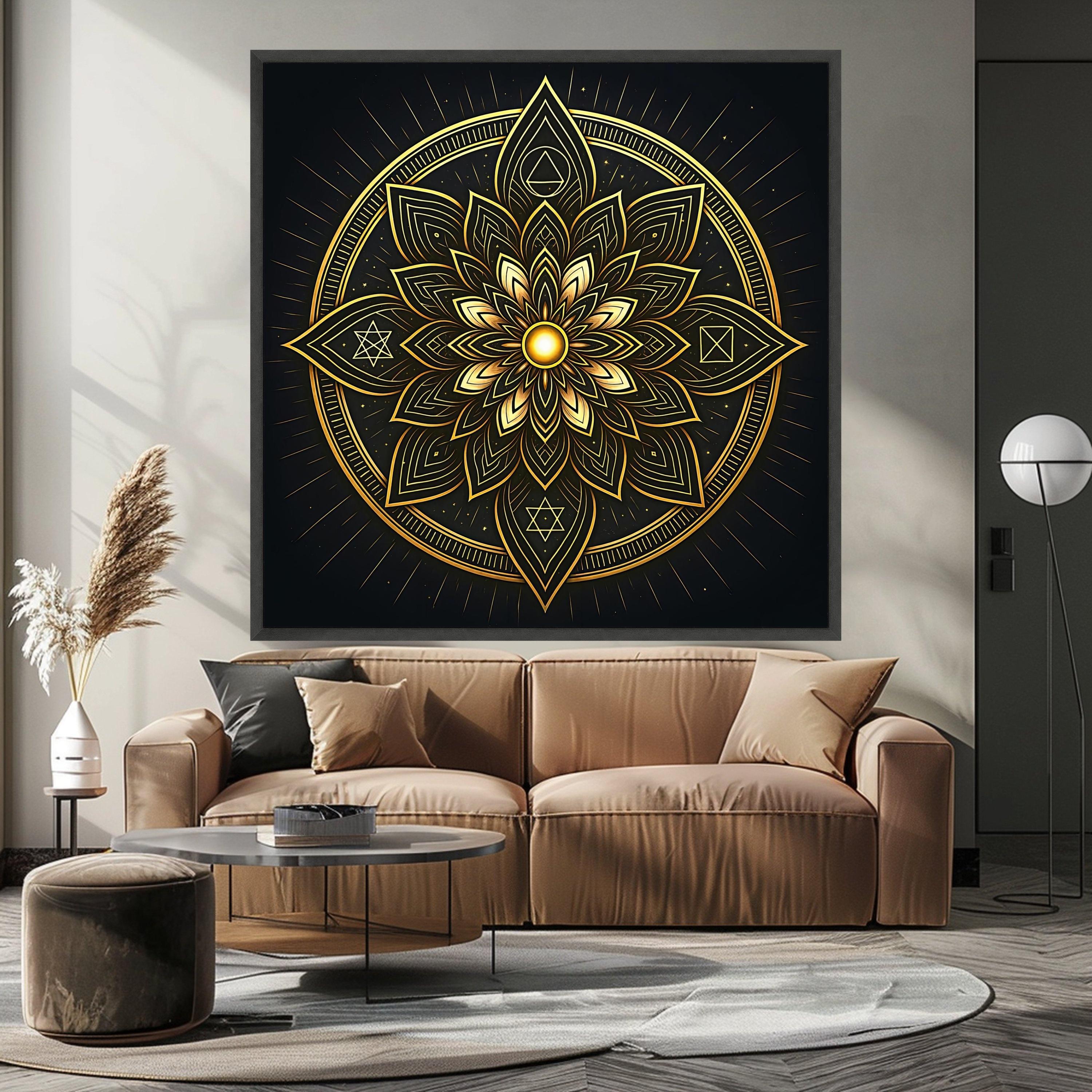 Golden Mandala Canvas Wall Art, Spiritual Sacred Geometry Design, Luxe Metallic Home Décor, Meditation Room Decoration, Ready To Hang,