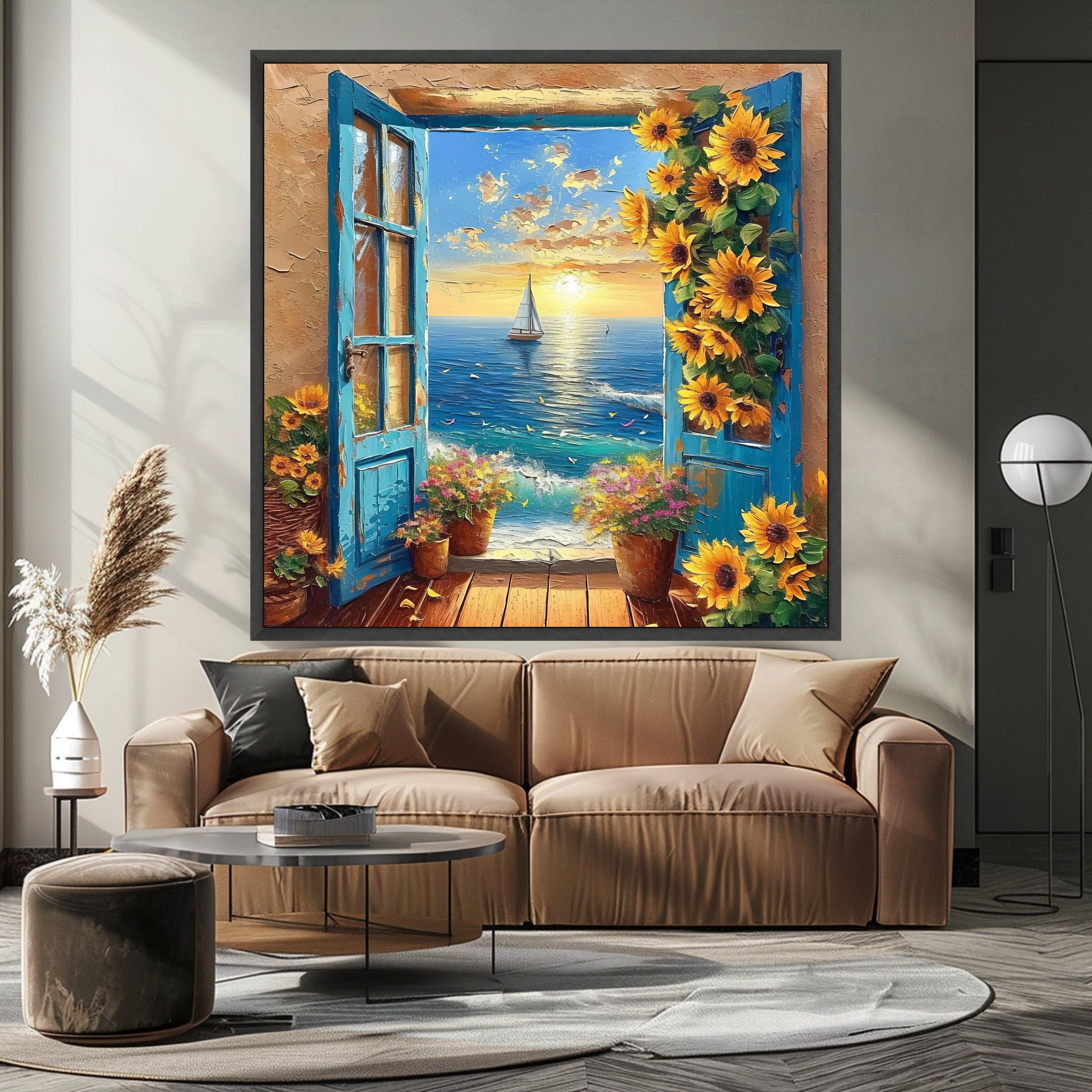 Ocean Sunset View, Blue Window Canvas, Sunflower Wall Art, Sea Landscape Canvas, Floral Home Decor, Coastal Canvas Painting Ready To Hang,