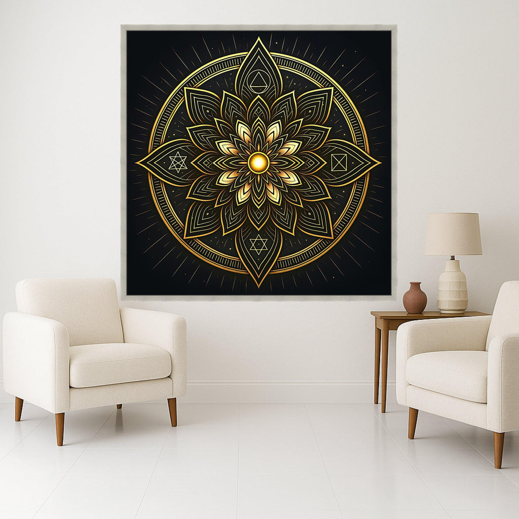 Golden Mandala Canvas Wall Art, Spiritual Sacred Geometry Design, Luxe Metallic Home Décor, Meditation Room Decoration, Ready To Hang,