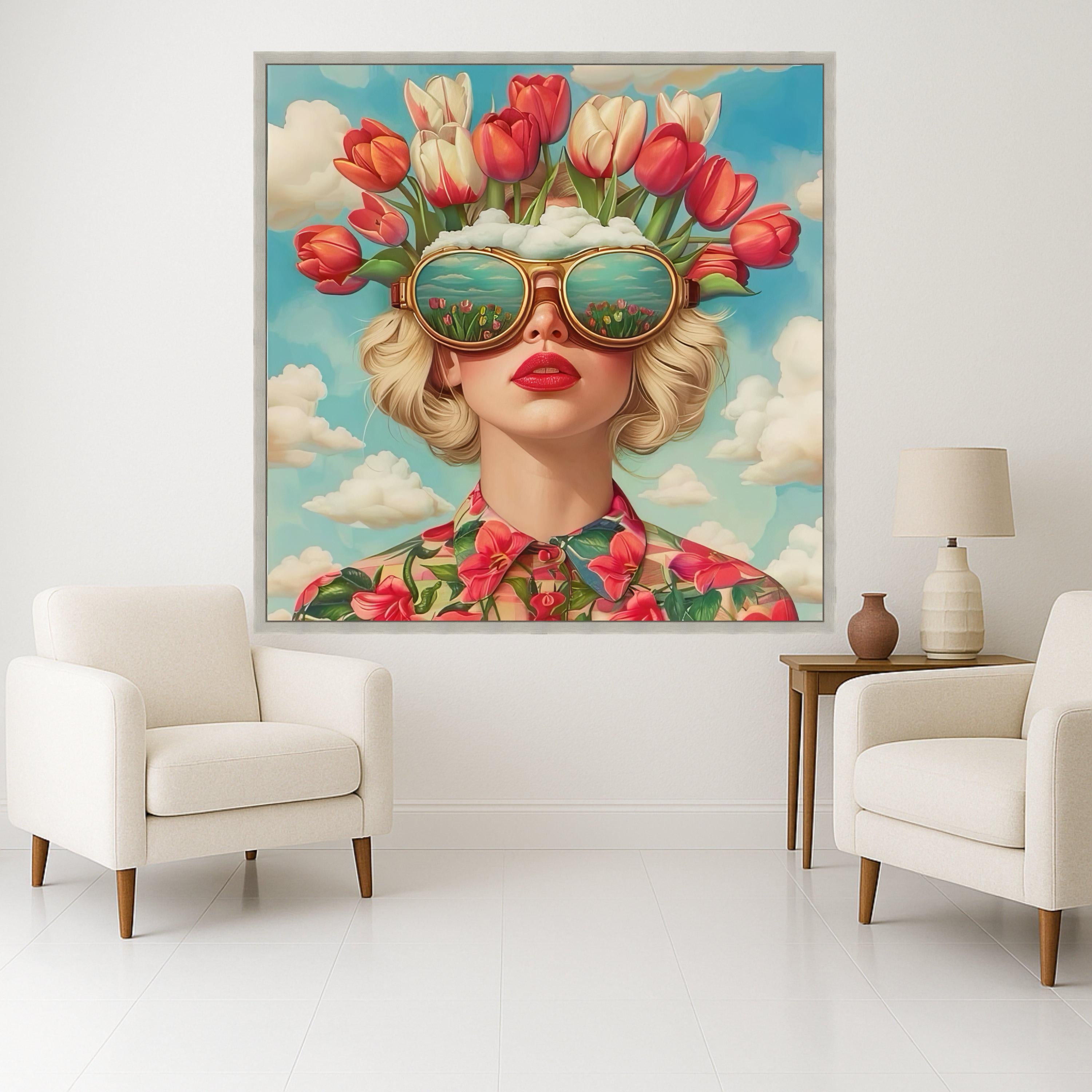 Modern Floral Portrait Canvas, Woman with Tulip Hat Wall Art, Surreal Garden Reflection Sunglasses, Vibrant Spring Flower Ready To Hang,