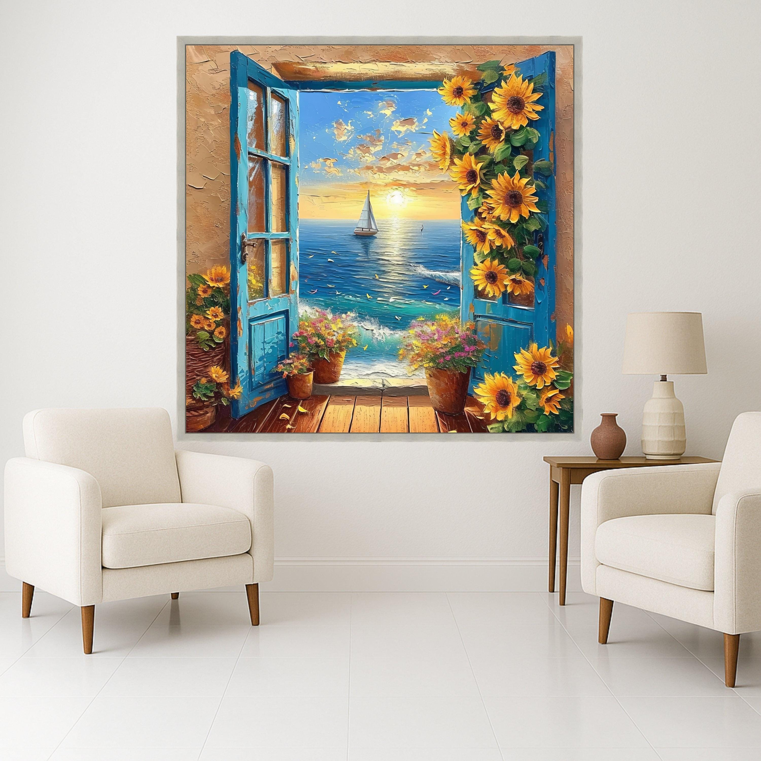 Ocean Sunset View, Blue Window Canvas, Sunflower Wall Art, Sea Landscape Canvas, Floral Home Decor, Coastal Canvas Painting Ready To Hang,
