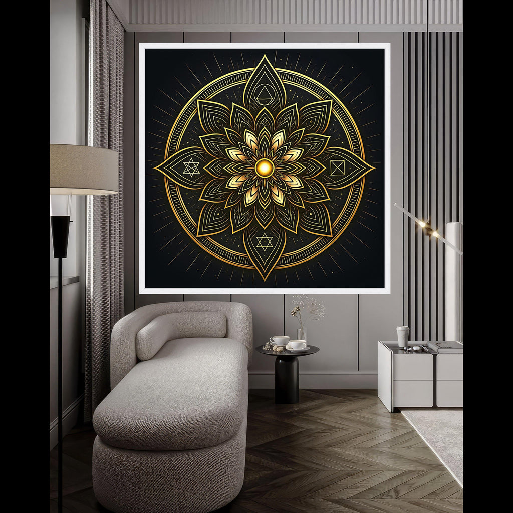 Golden Mandala Canvas Wall Art, Spiritual Sacred Geometry Design, Luxe Metallic Home Décor, Meditation Room Decoration, Ready To Hang,
