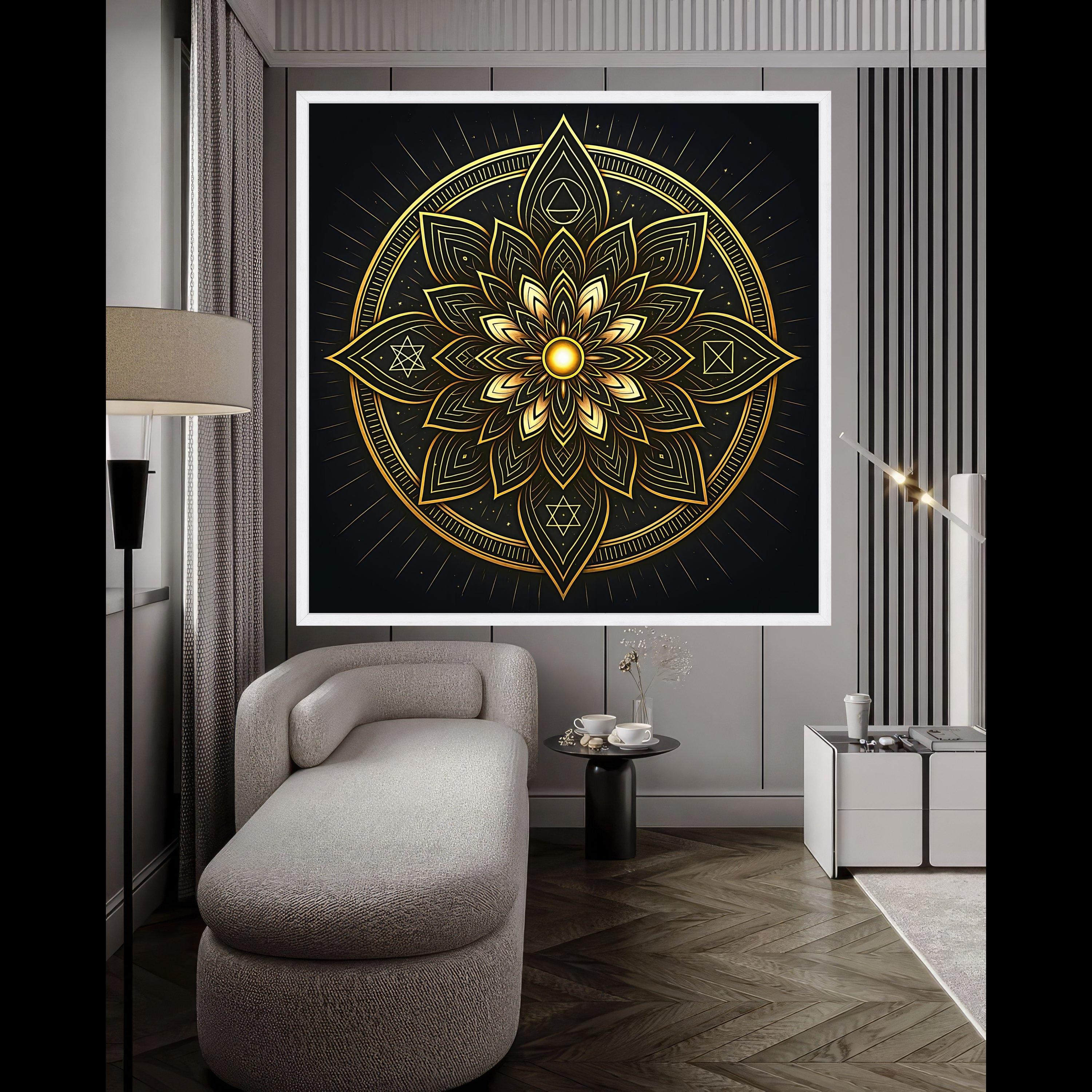 Golden Mandala Canvas Wall Art, Spiritual Sacred Geometry Design, Luxe Metallic Home Décor, Meditation Room Decoration, Ready To Hang,