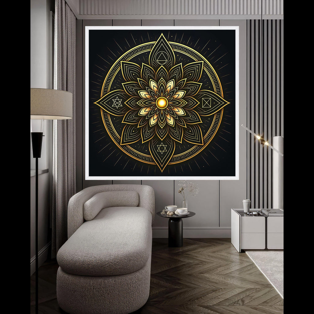 Golden Mandala Canvas Wall Art, Spiritual Sacred Geometry Design, Luxe Metallic Home Décor, Meditation Room Decoration, Ready To Hang,