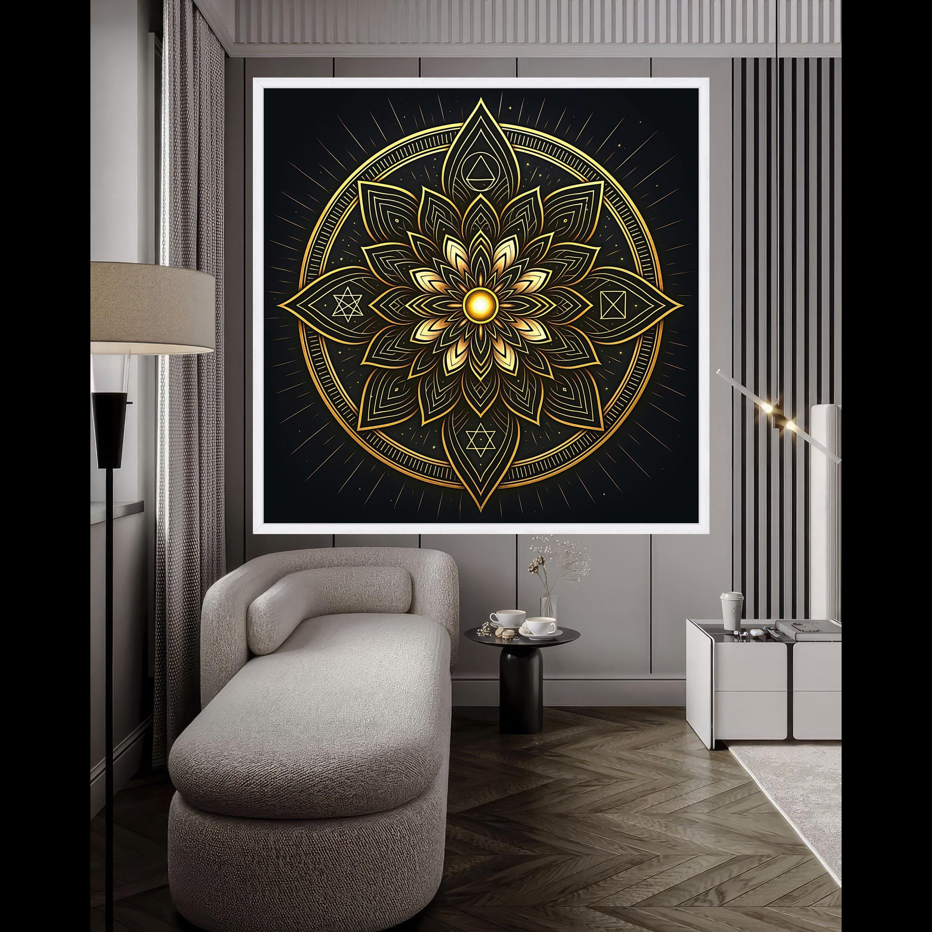 Golden Mandala Canvas Wall Art, Spiritual Sacred Geometry Design, Luxe Metallic Home Décor, Meditation Room Decoration, Ready To Hang,
