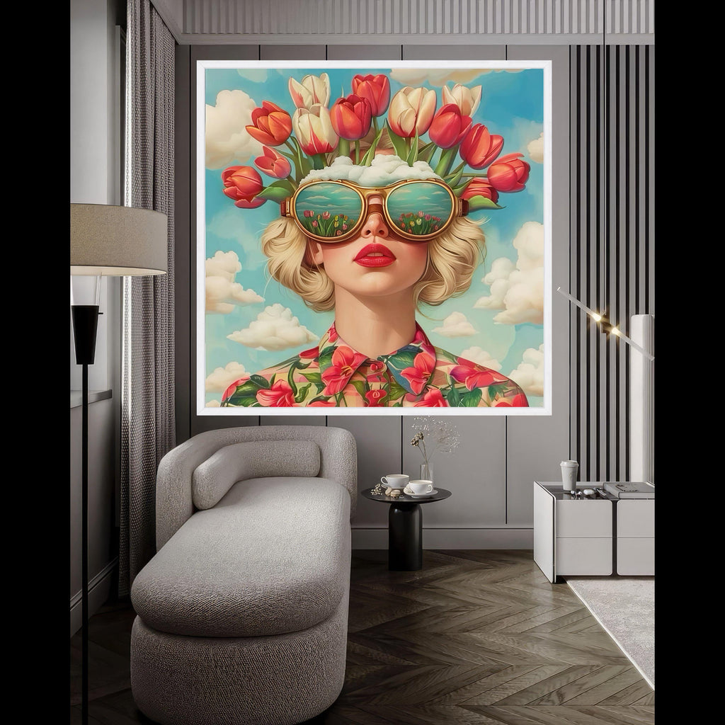 Modern Floral Portrait Canvas, Woman with Tulip Hat Wall Art, Surreal Garden Reflection Sunglasses, Vibrant Spring Flower Ready To Hang,