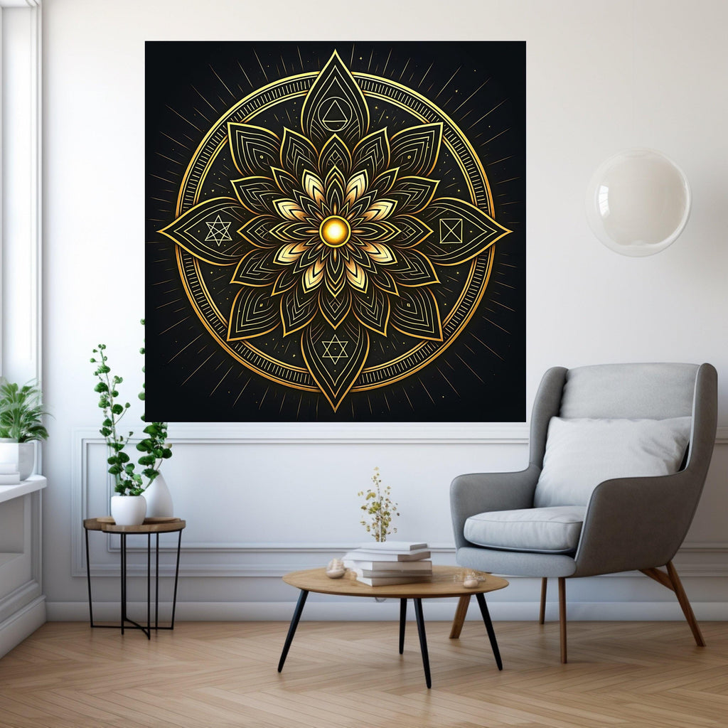 Golden Mandala Canvas Wall Art, Spiritual Sacred Geometry Design, Luxe Metallic Home Décor, Meditation Room Decoration, Ready To Hang,