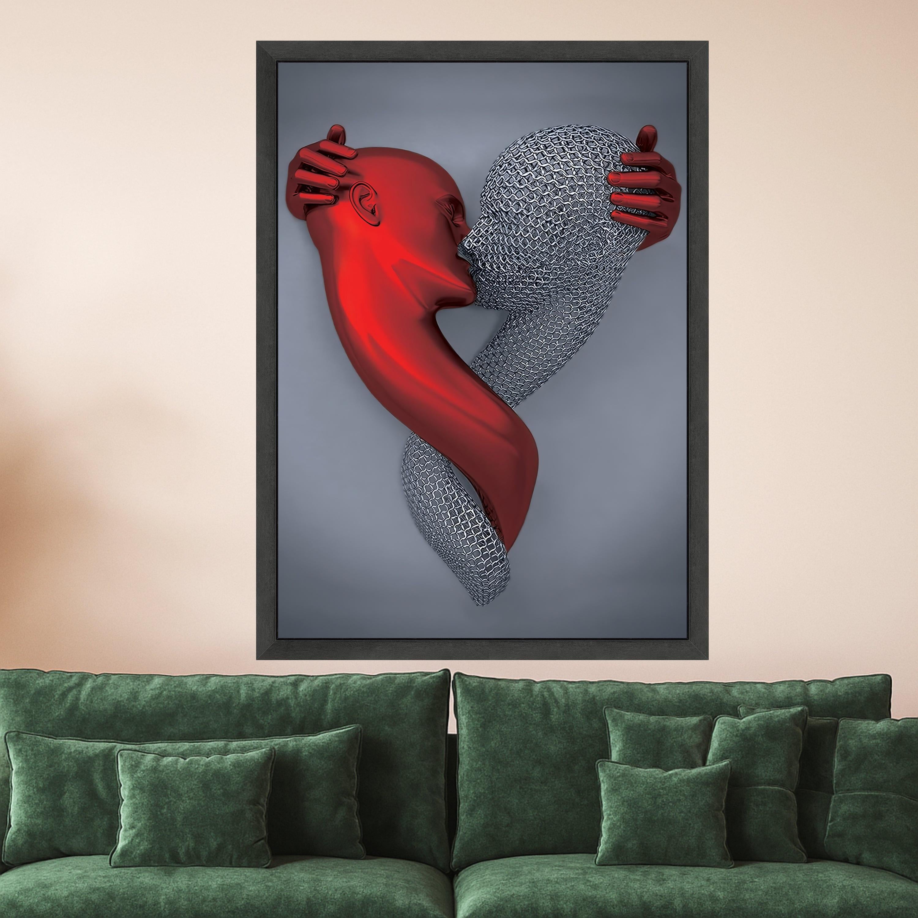 Abstract Embrace Canvas Wall Art, Red and Silver Figures, Modern Love Sculpture, Contemporary Digital Art, Romantic Home Ready To Hang,