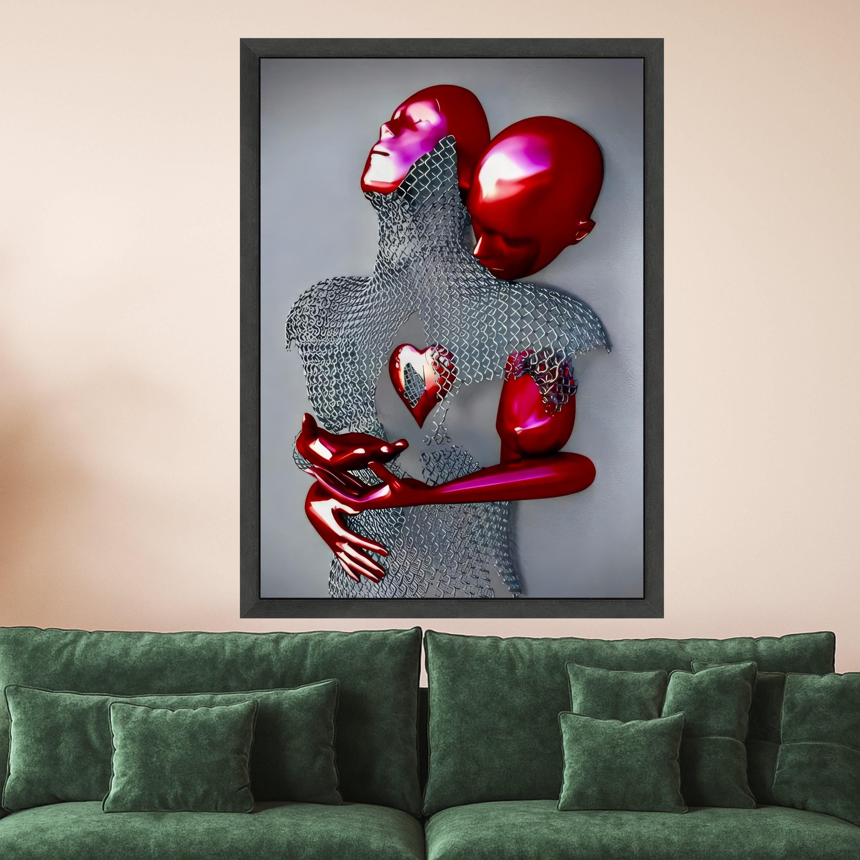 Abstract Red Figures Embrace Canvas, Modern Love Sculpture Wall Art, Heart Symbolism, Contemporary Home Decor, Surreal Couple Ready To Hang,