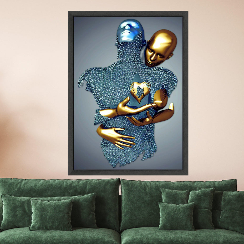 Abstract Embrace Metallic Figures Canvas, Golden and Silver Modern Art, Surreal Wall Decor, Contemporary Home Decoration, Ready To Hang,