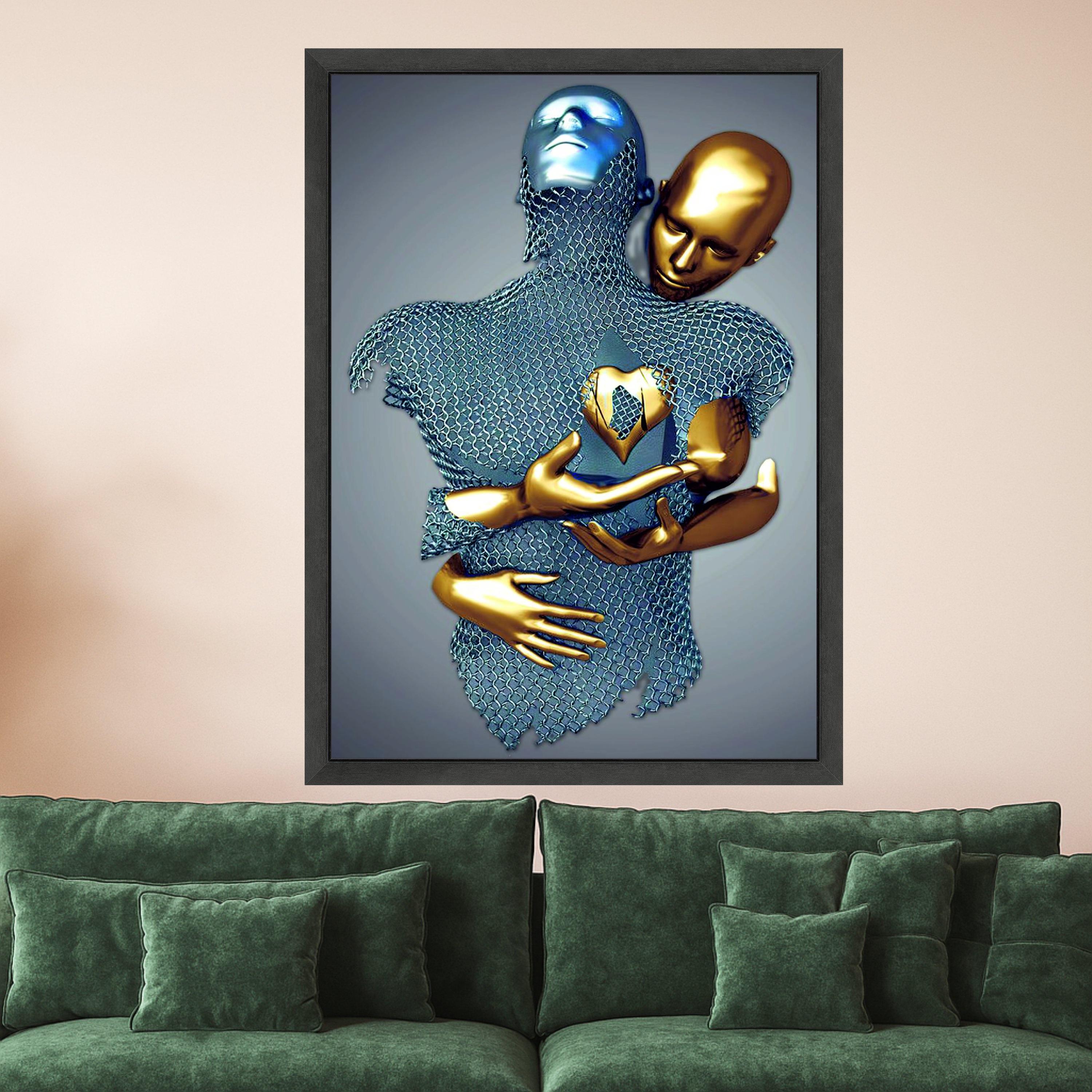 Abstract Embrace Metallic Figures Canvas, Golden and Silver Modern Art, Surreal Wall Decor, Contemporary Home Decoration, Ready To Hang,