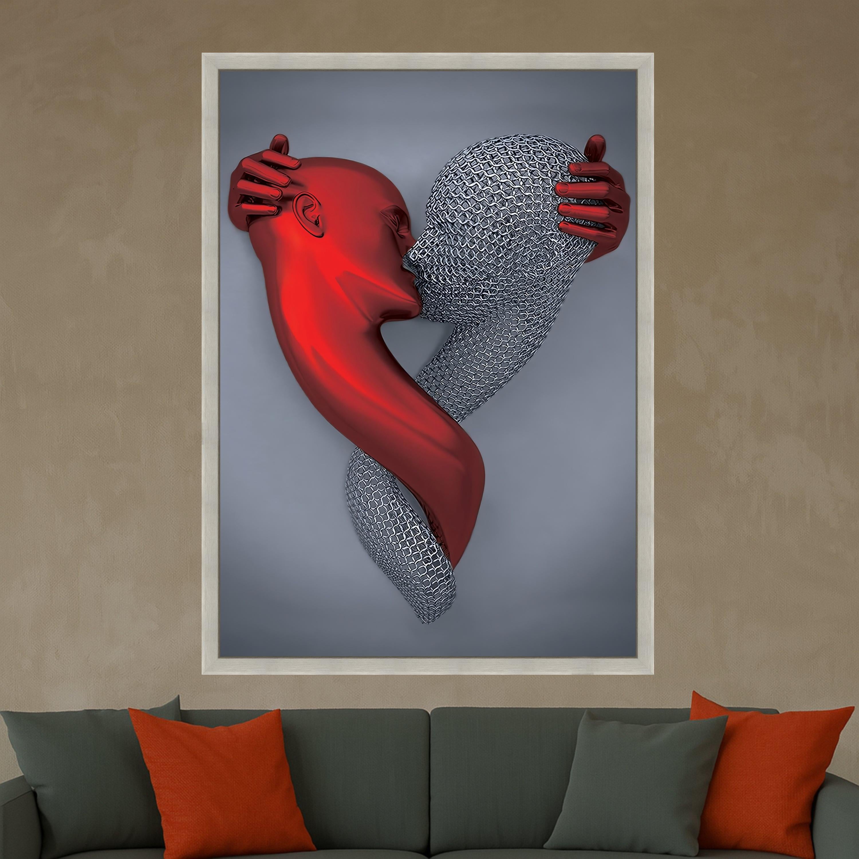 Abstract Embrace Canvas Wall Art, Red and Silver Figures, Modern Love Sculpture, Contemporary Digital Art, Romantic Home Ready To Hang,