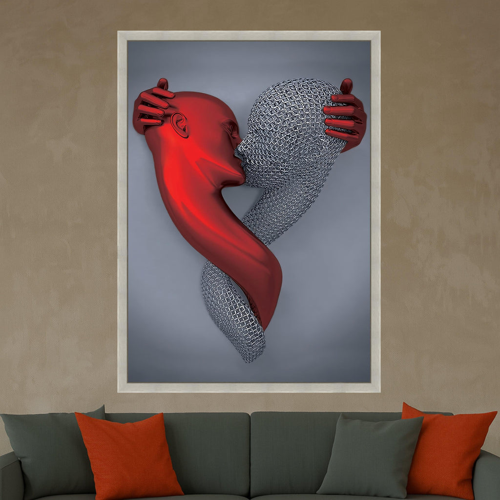 Abstract Embrace Canvas Wall Art, Red and Silver Figures, Modern Love Sculpture, Contemporary Digital Art, Romantic Home Ready To Hang,