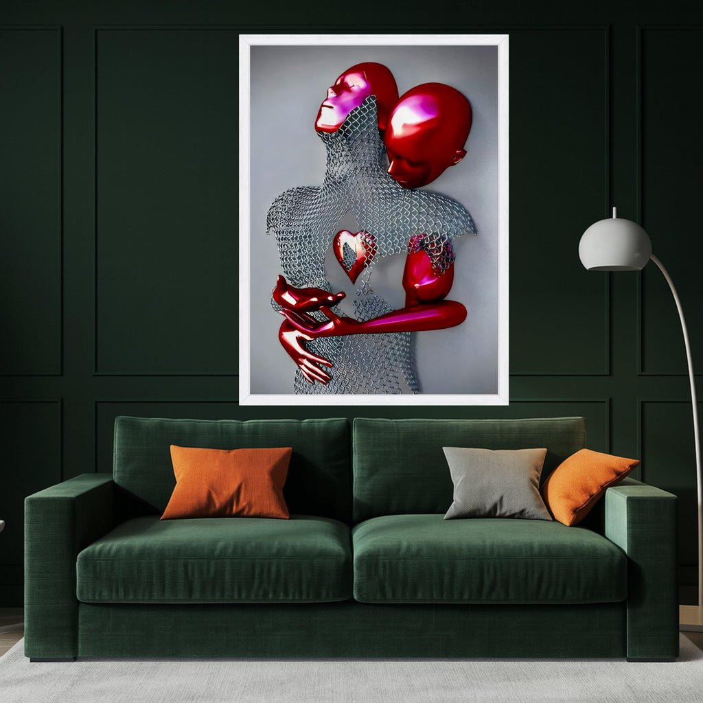 Abstract Red Figures Embrace Canvas, Modern Love Sculpture Wall Art, Heart Symbolism, Contemporary Home Decor, Surreal Couple Ready To Hang,