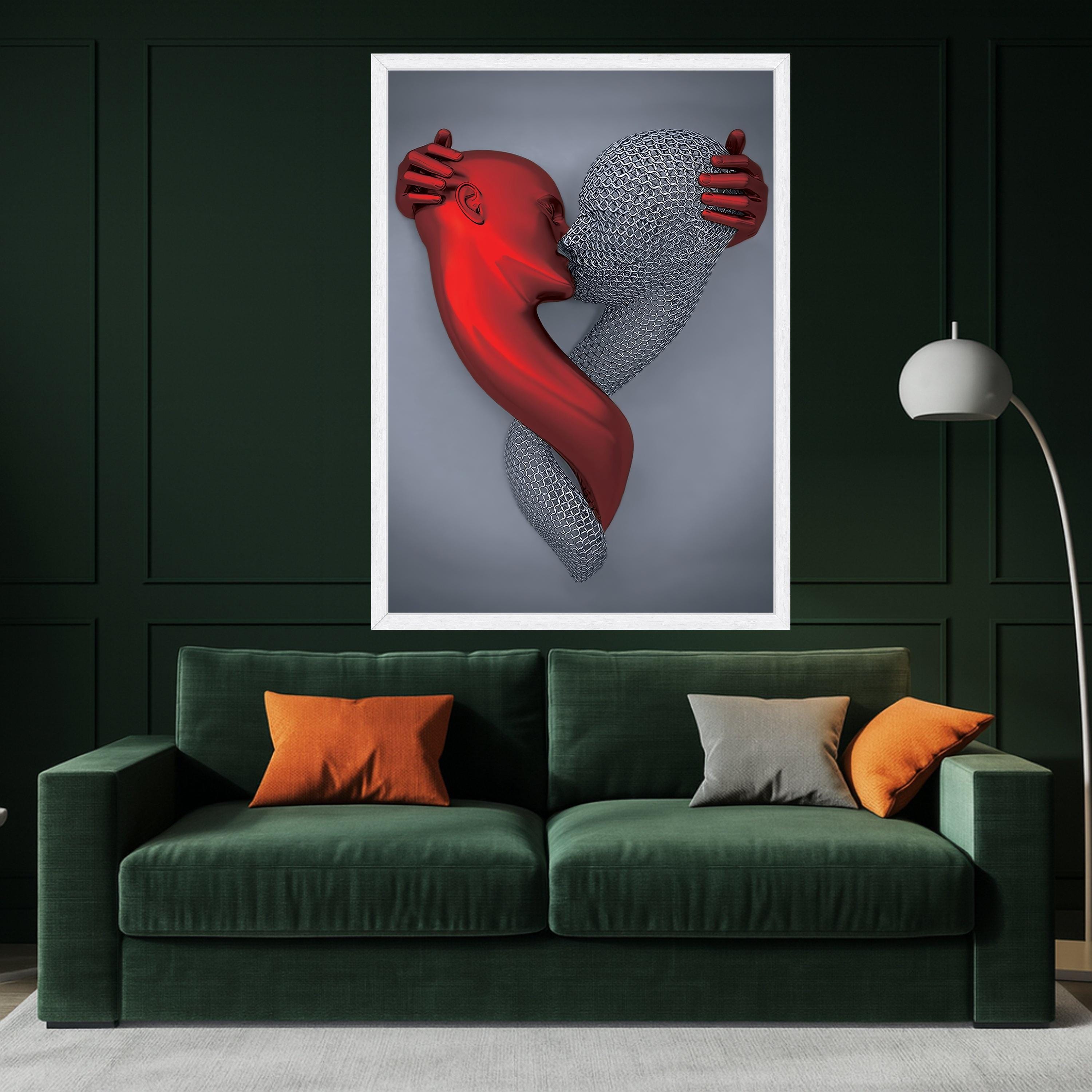 Abstract Embrace Canvas Wall Art, Red and Silver Figures, Modern Love Sculpture, Contemporary Digital Art, Romantic Home Ready To Hang,