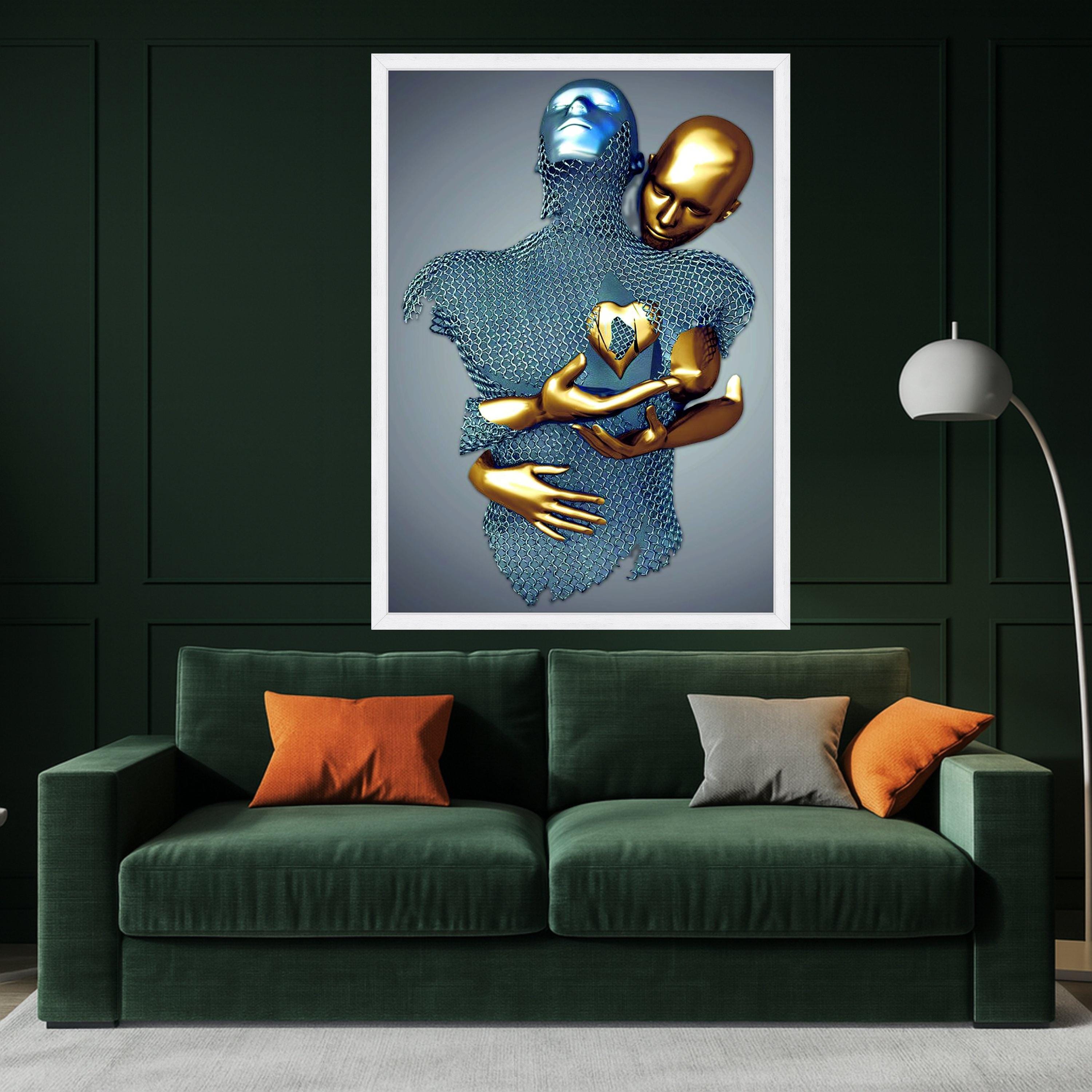 Abstract Embrace Metallic Figures Canvas, Golden and Silver Modern Art, Surreal Wall Decor, Contemporary Home Decoration, Ready To Hang,