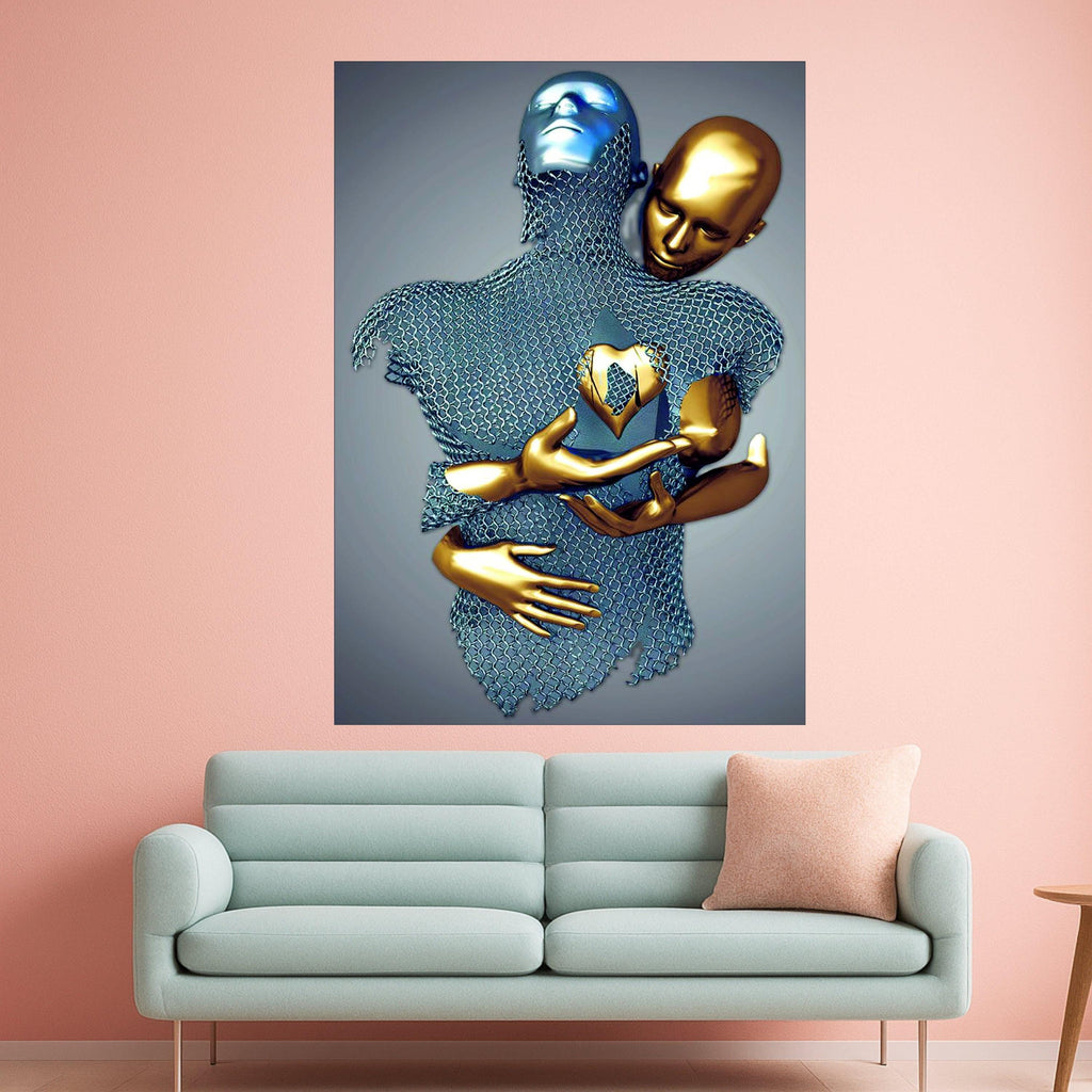 Abstract Embrace Metallic Figures Canvas, Golden and Silver Modern Art, Surreal Wall Decor, Contemporary Home Decoration, Ready To Hang,