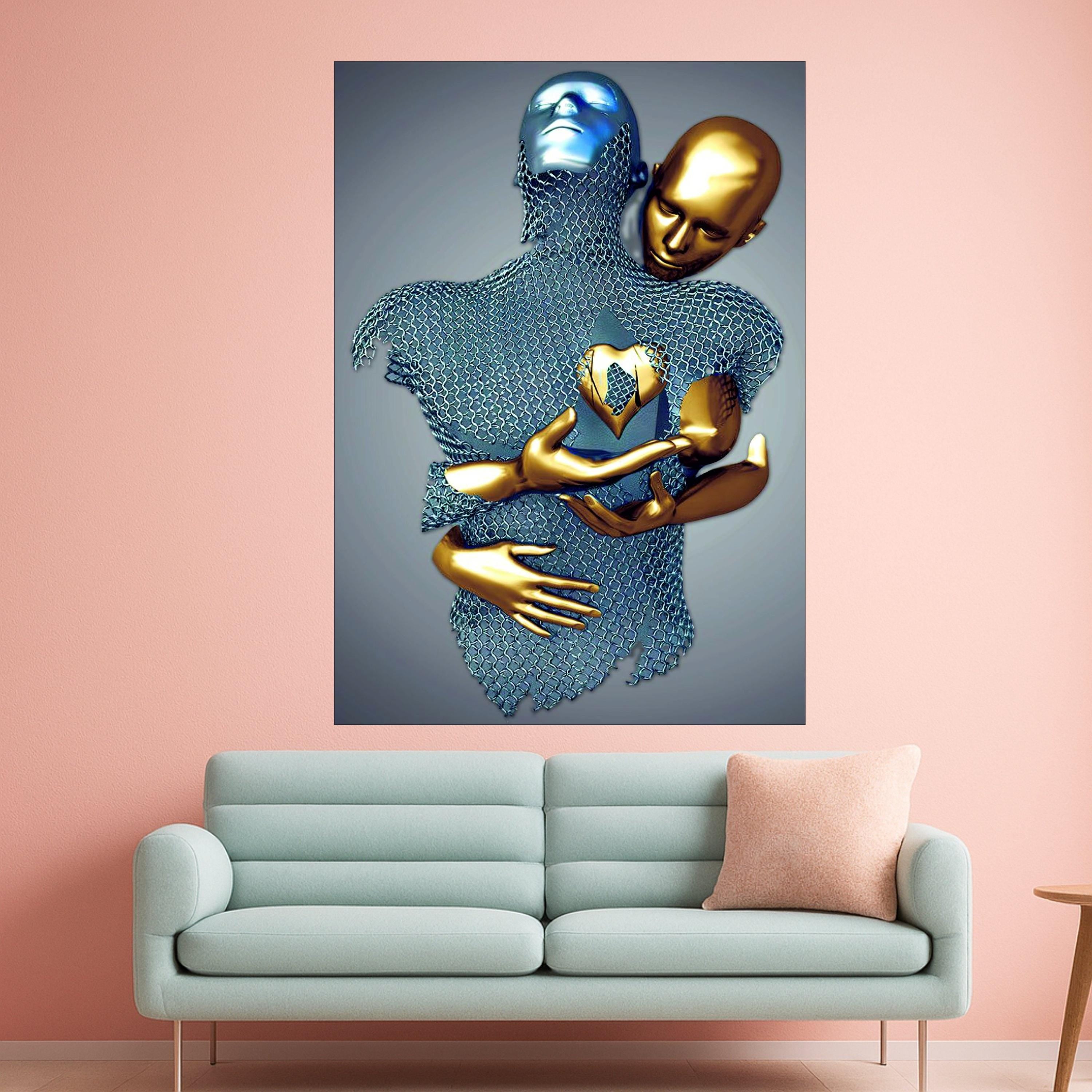 Abstract Embrace Metallic Figures Canvas, Golden and Silver Modern Art, Surreal Wall Decor, Contemporary Home Decoration, Ready To Hang,