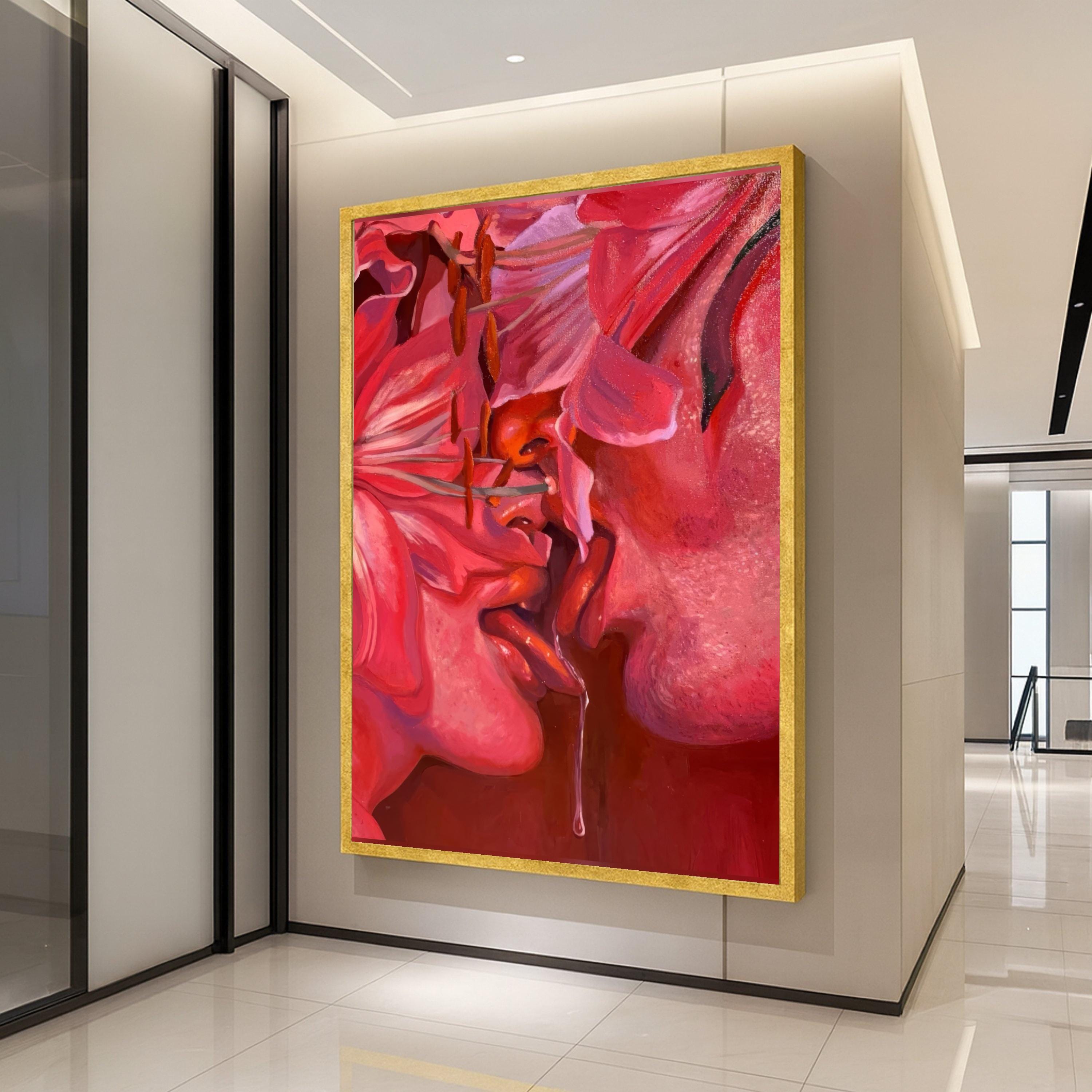 Sensual Red Floral Kiss Canvas, Intimate Love Art, Abstract Romance Painting, Modern Wall Decor, Passionate Expression Canvas Ready To Hang,