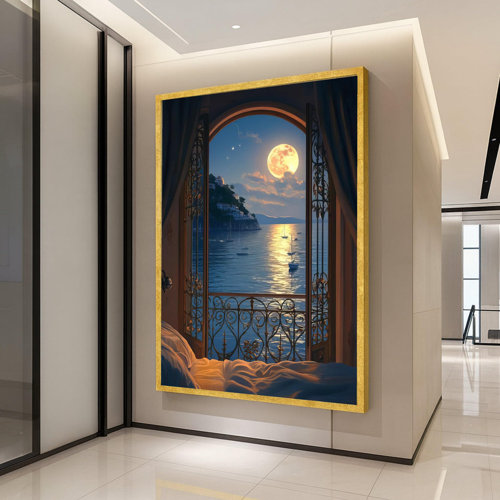 Moonlit Seaside Balcony View Canvas, Ocean Landscape Wall Art, Romantic Night Scene Canvas, Coastal Home Decoration, Tranquil Ready To Hang,