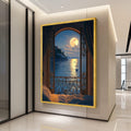 Moonlit Seaside Balcony View Canvas, Ocean Landscape Wall Art, Romantic Night Scene Canvas, Coastal Home Decoration, Tranquil Ready To Hang,