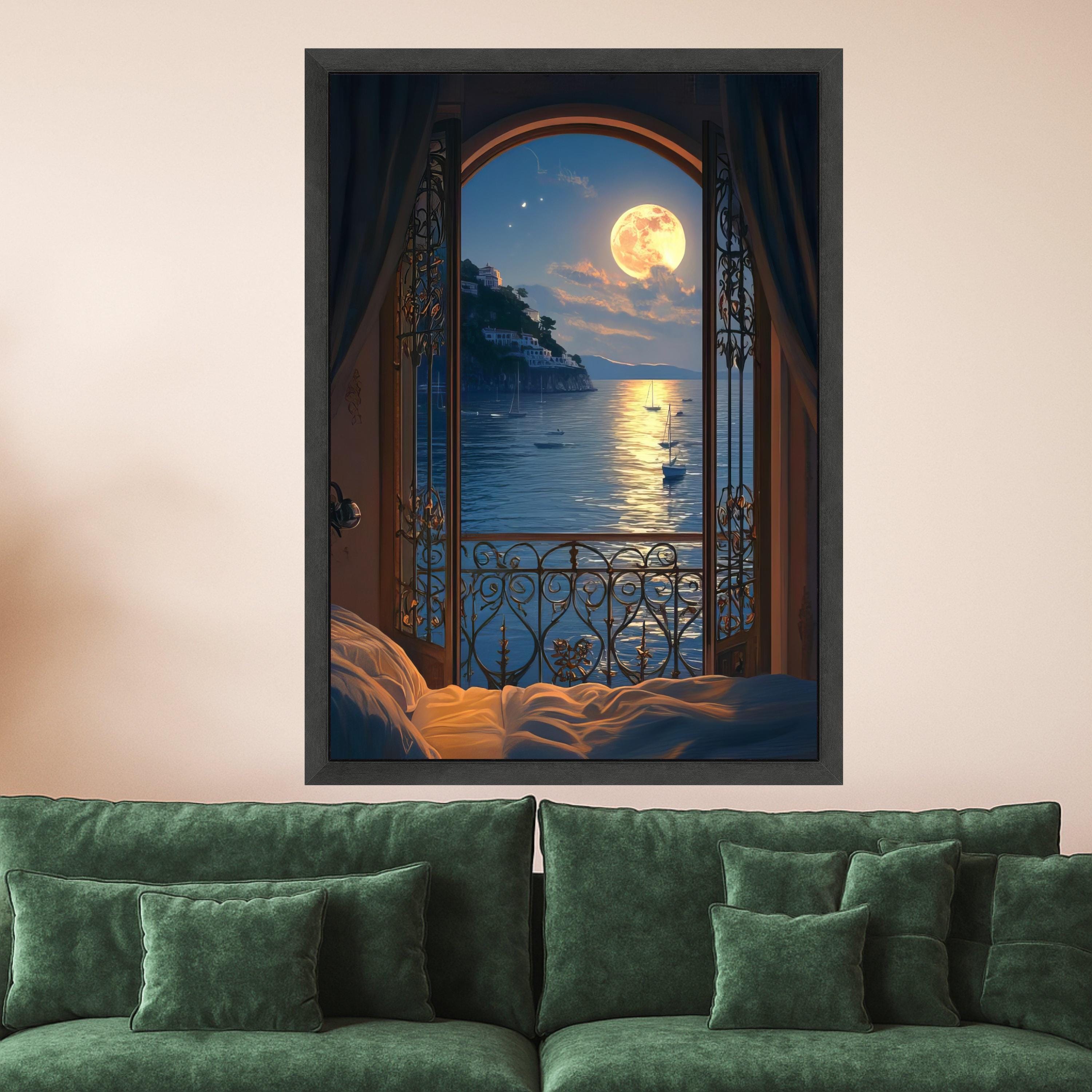 Moonlit Seaside Balcony View Canvas, Ocean Landscape Wall Art, Romantic Night Scene Canvas, Coastal Home Decoration, Tranquil Ready To Hang,