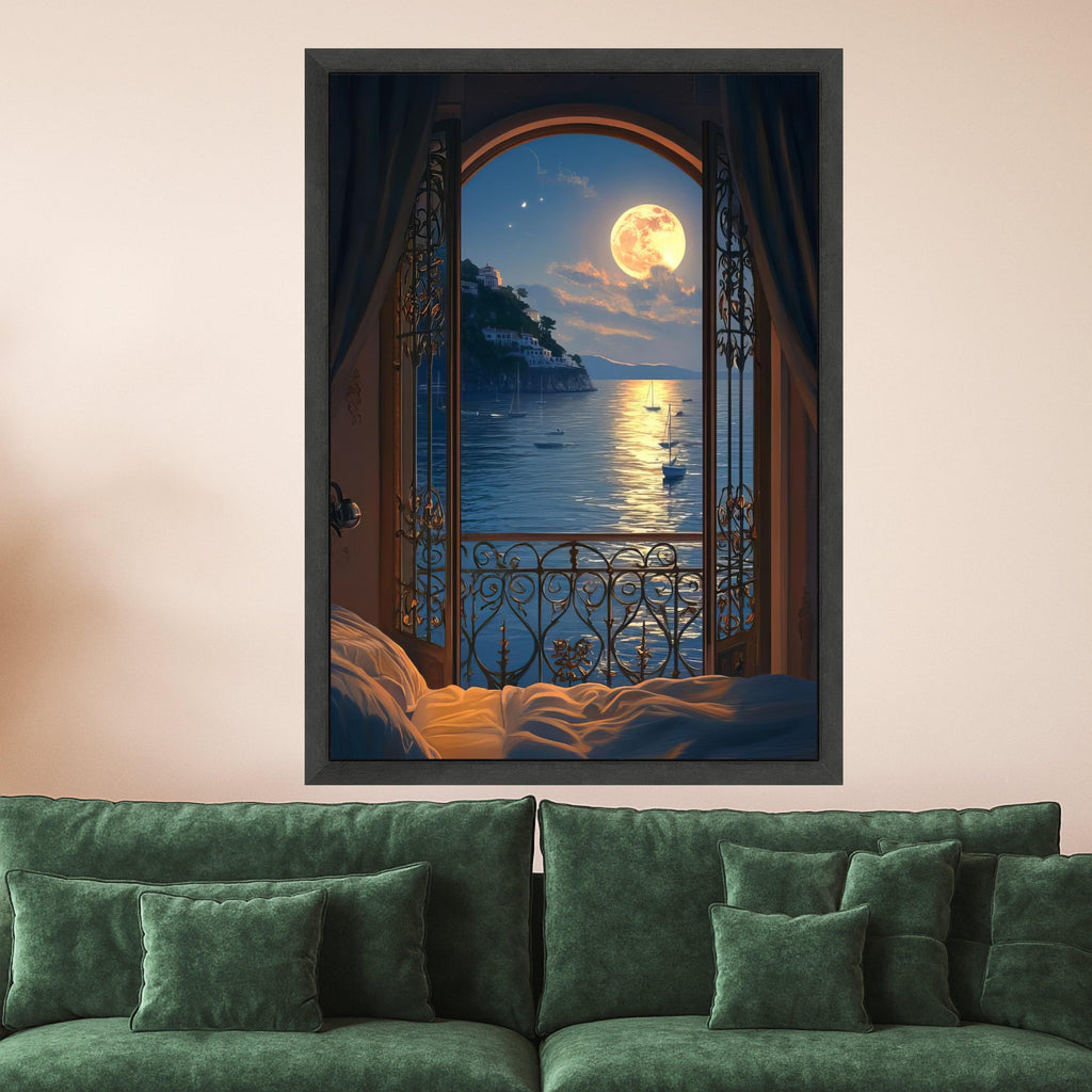 Moonlit Seaside Balcony View Canvas, Ocean Landscape Wall Art, Romantic Night Scene Canvas, Coastal Home Decoration, Tranquil Ready To Hang,