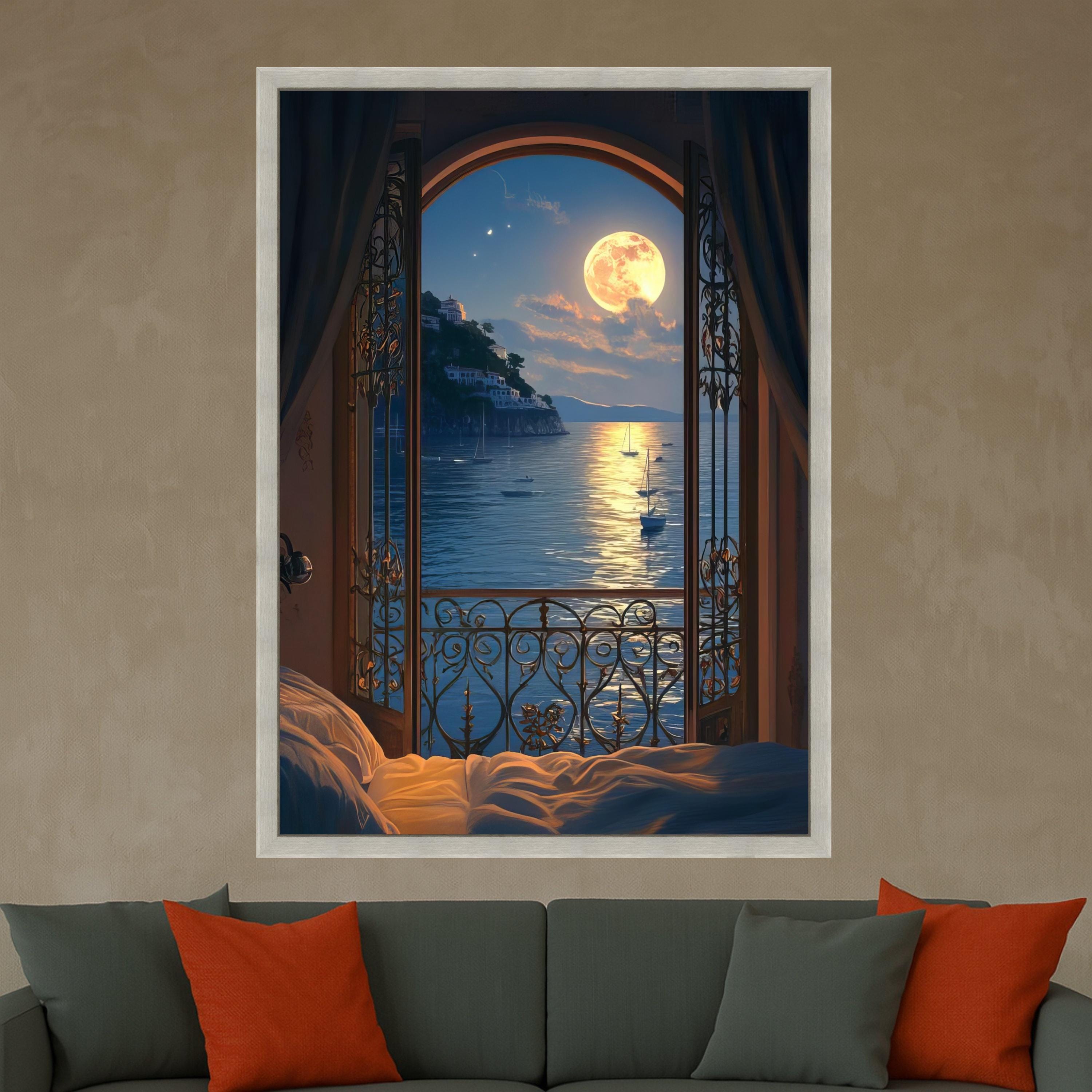 Moonlit Seaside Balcony View Canvas, Ocean Landscape Wall Art, Romantic Night Scene Canvas, Coastal Home Decoration, Tranquil Ready To Hang,