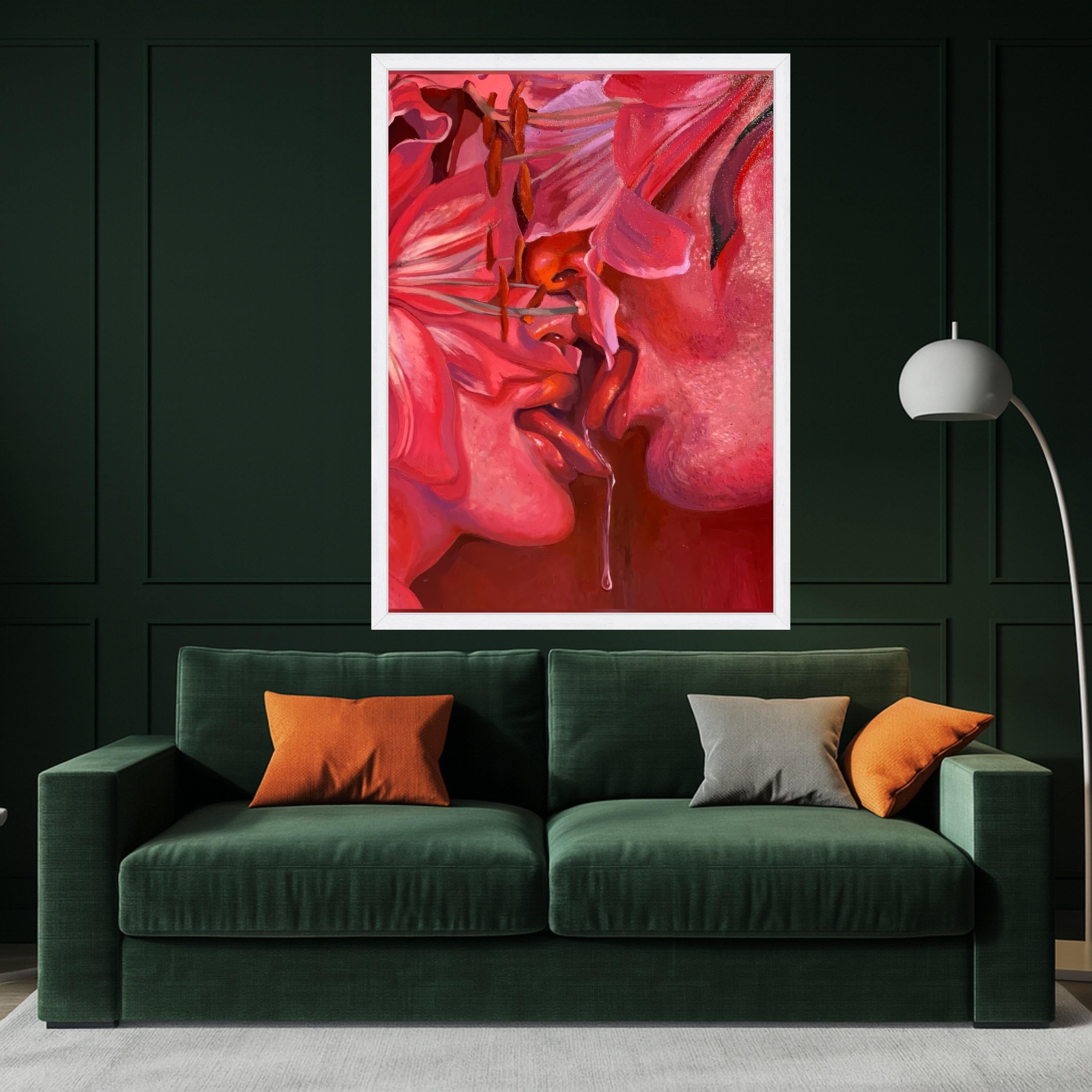 Sensual Red Floral Kiss Canvas, Intimate Love Art, Abstract Romance Painting, Modern Wall Decor, Passionate Expression Canvas Ready To Hang,