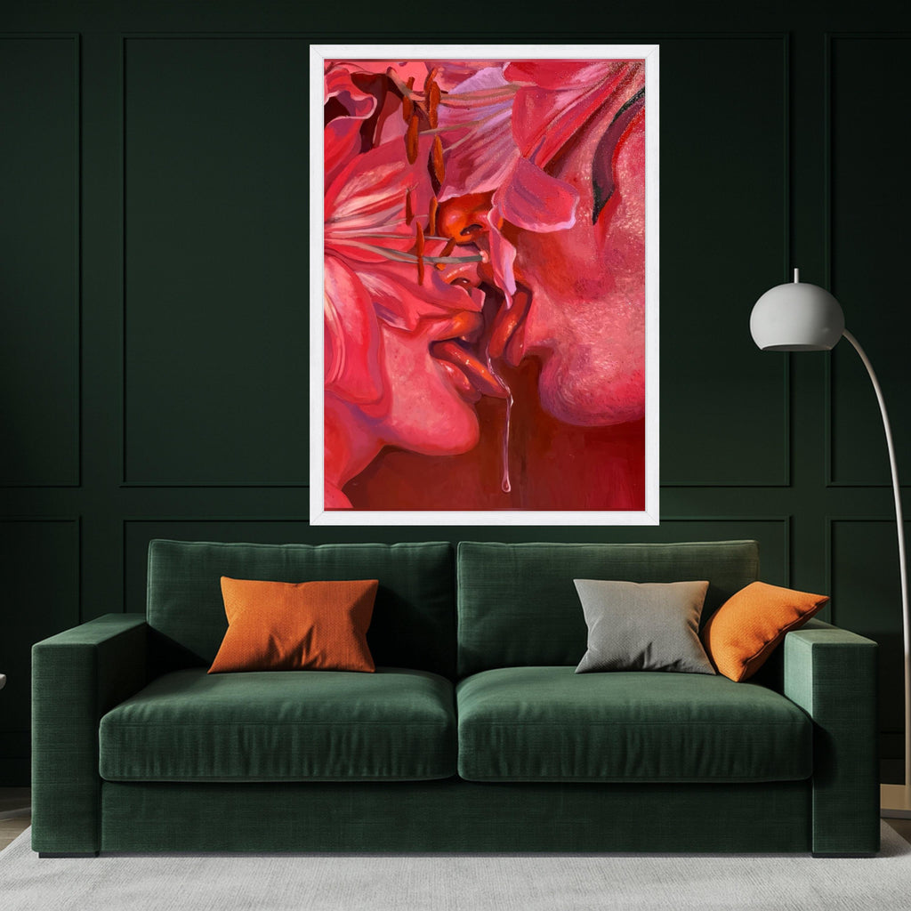 Sensual Red Floral Kiss Canvas, Intimate Love Art, Abstract Romance Painting, Modern Wall Decor, Passionate Expression Canvas Ready To Hang,