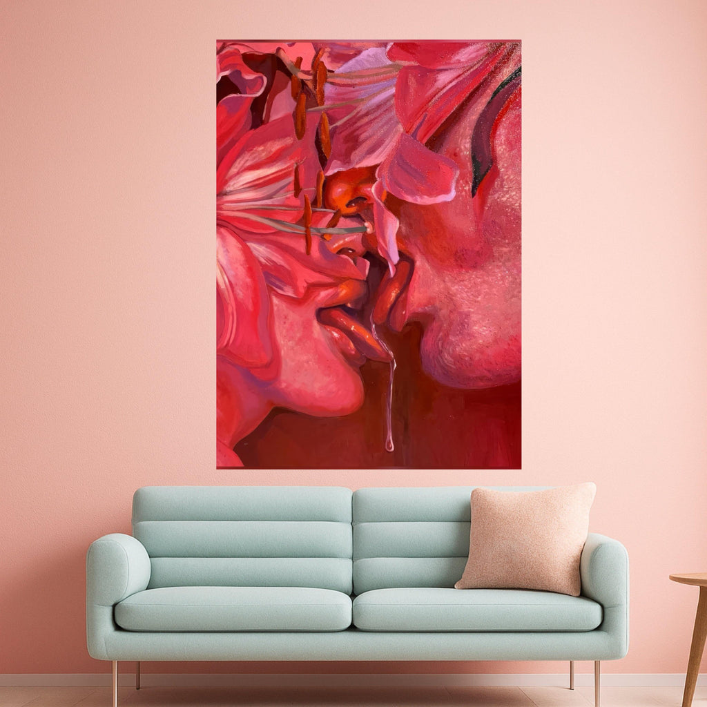 Sensual Red Floral Kiss Canvas, Intimate Love Art, Abstract Romance Painting, Modern Wall Decor, Passionate Expression Canvas Ready To Hang,