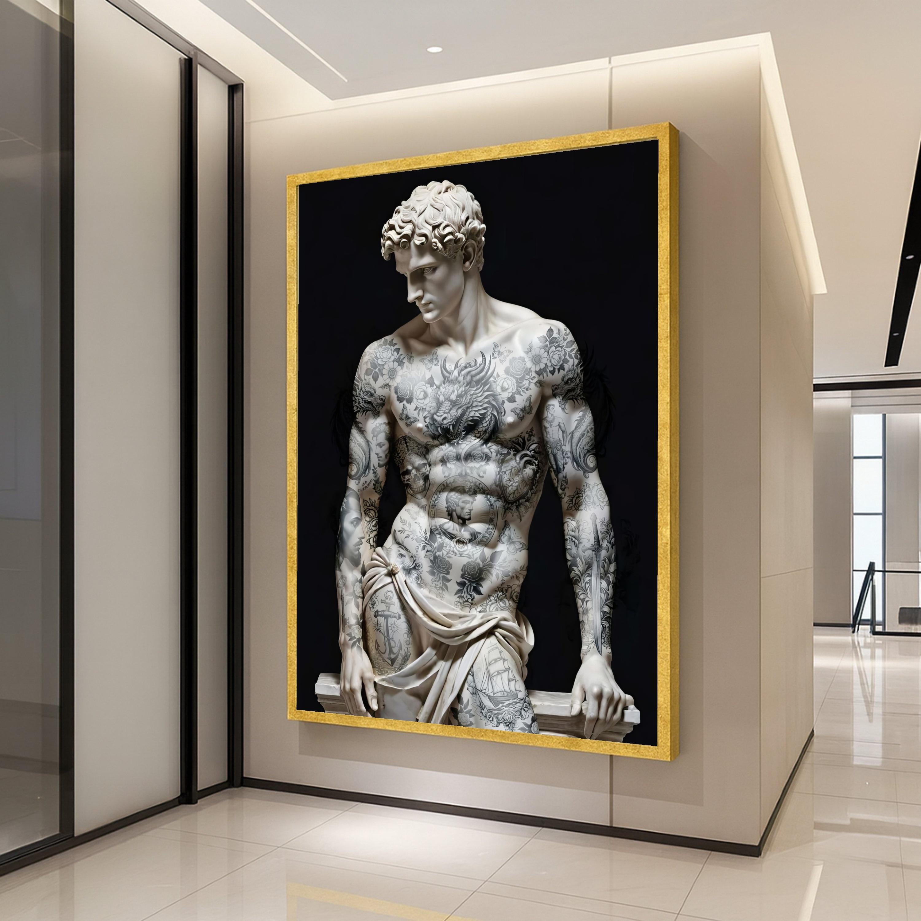 Modern Tattooed David Sculpture Canvas, Classic Art with Inked Body, Renaissance Statue Wall Art, Contemporary Home Decor, Ready To Hang,