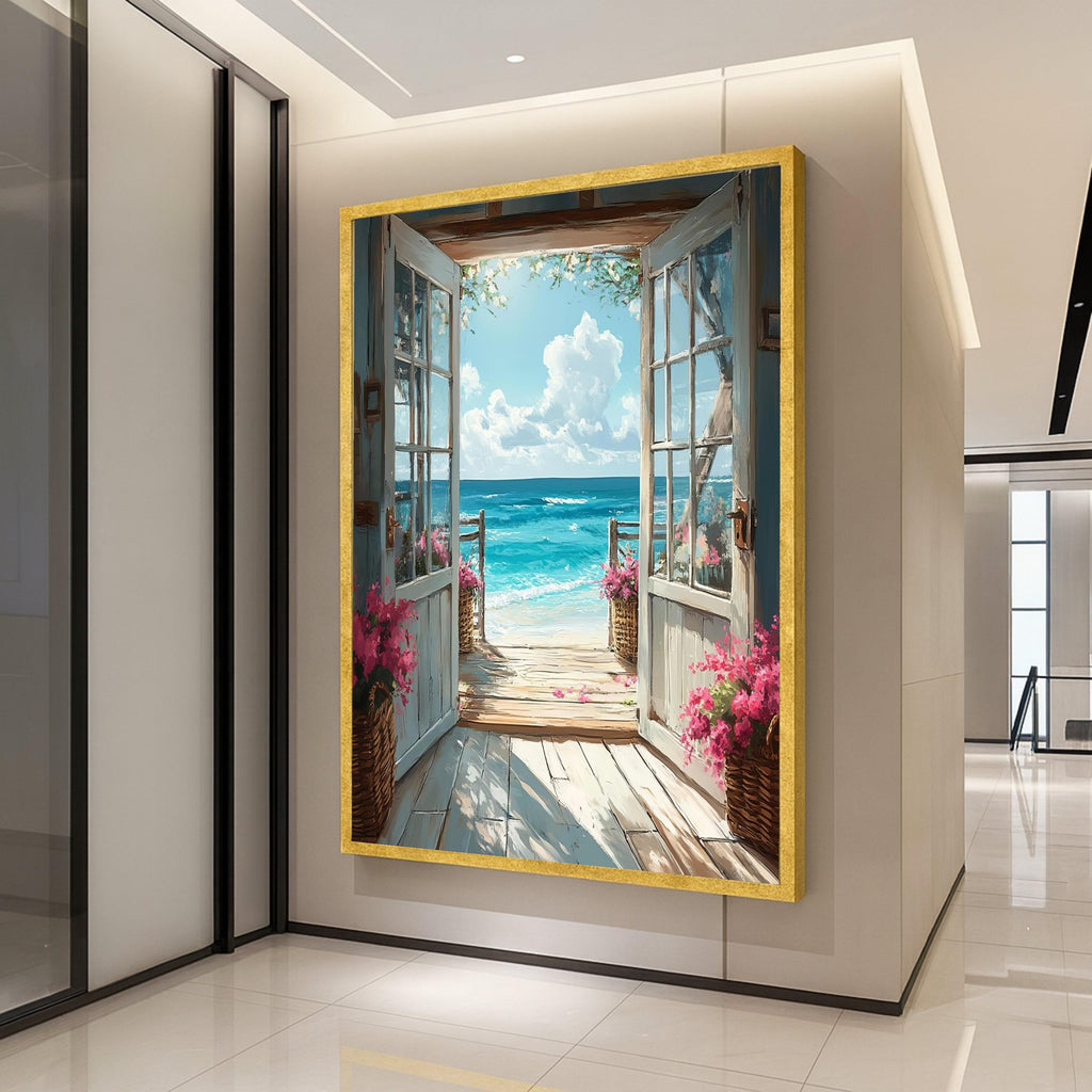 Open Beachfront Doorway Canvas, Seaside View Wall Art, Coastal Home Decor, Ocean Landscape Canvas, Floral Basket Decoration Ready To Hang,