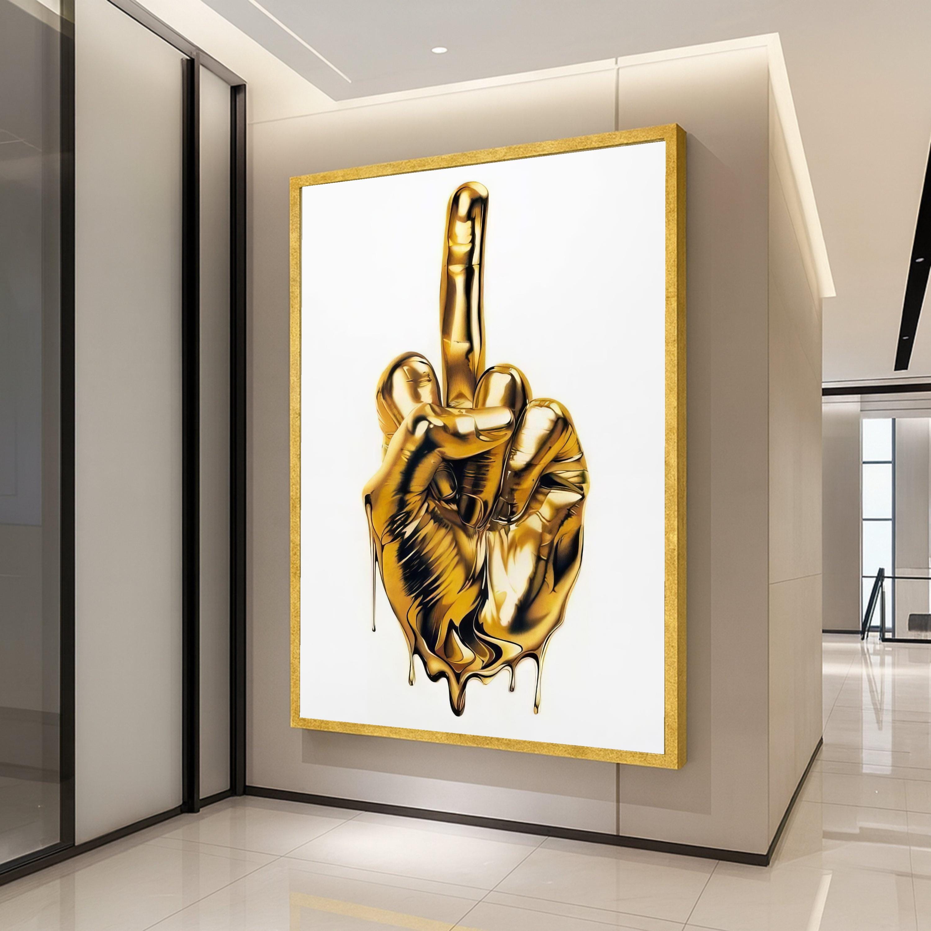 Melting Gold Hand Gesture Canvas, Modern Statement Wall Art, Bold Metallic Middle Finger Art, Contemporary Home Decor, Unique Ready To Hang,