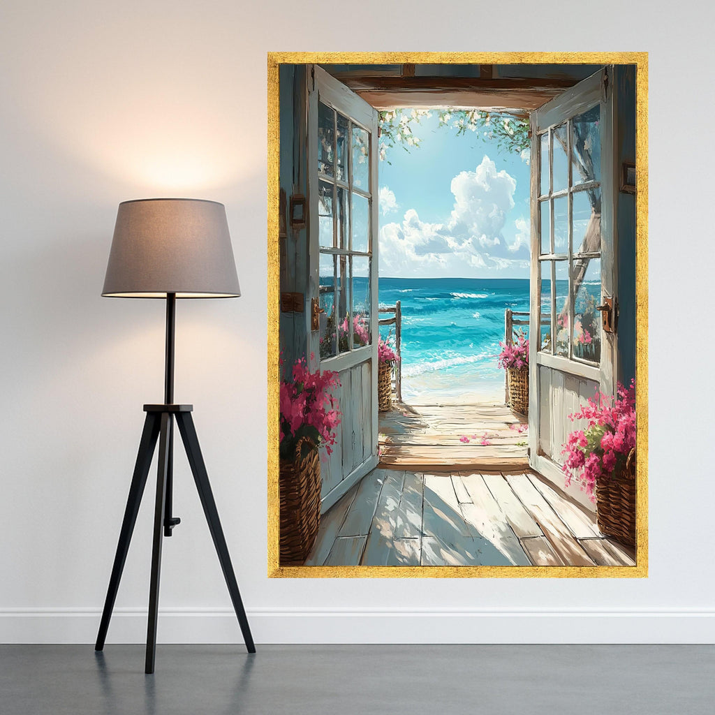 Open Beachfront Doorway Canvas, Seaside View Wall Art, Coastal Home Decor, Ocean Landscape Canvas, Floral Basket Decoration Ready To Hang,