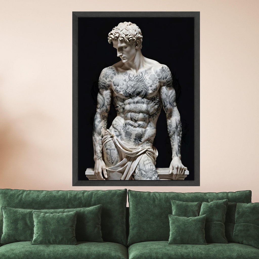 Modern Tattooed David Sculpture Canvas, Classic Art with Inked Body, Renaissance Statue Wall Art, Contemporary Home Decor, Ready To Hang,